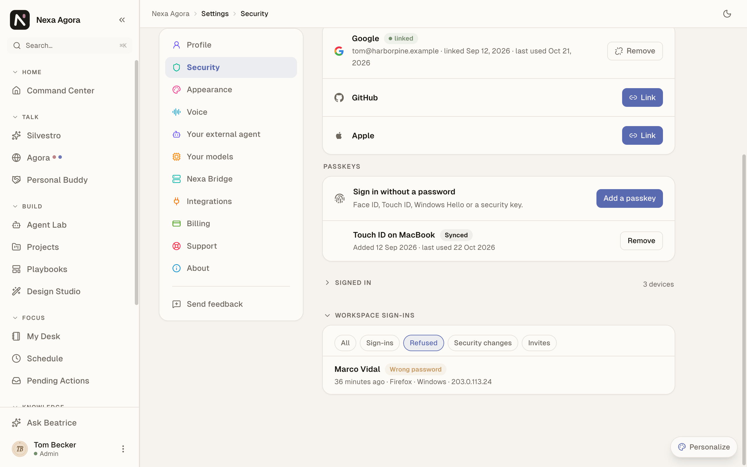 Workspace sign-ins with the Refused filter and a "Wrong password" row.