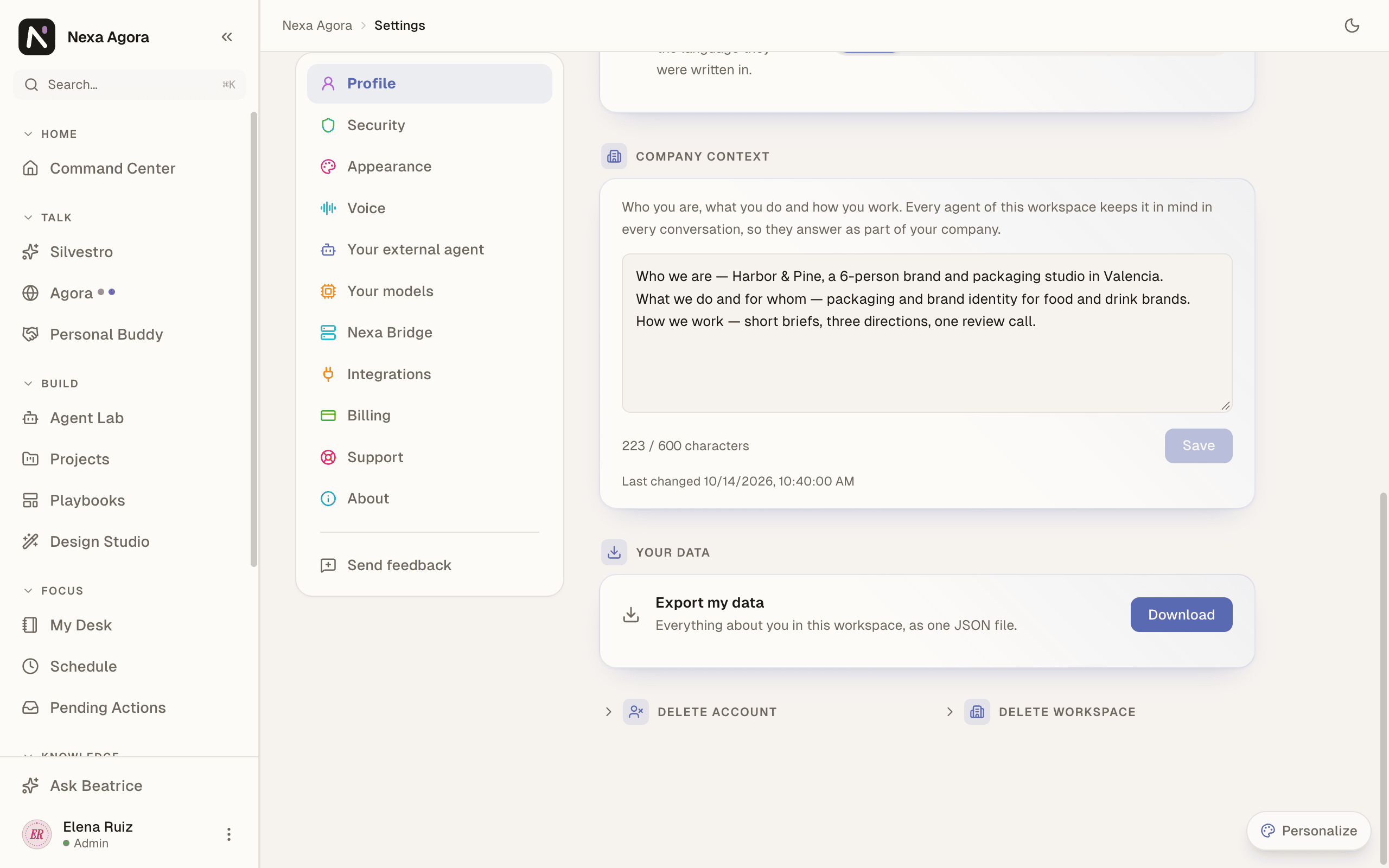 The bottom of Settings › Profile for Elena Ruiz, owner: Your data with Download, and Delete account and Delete workspace side by side.