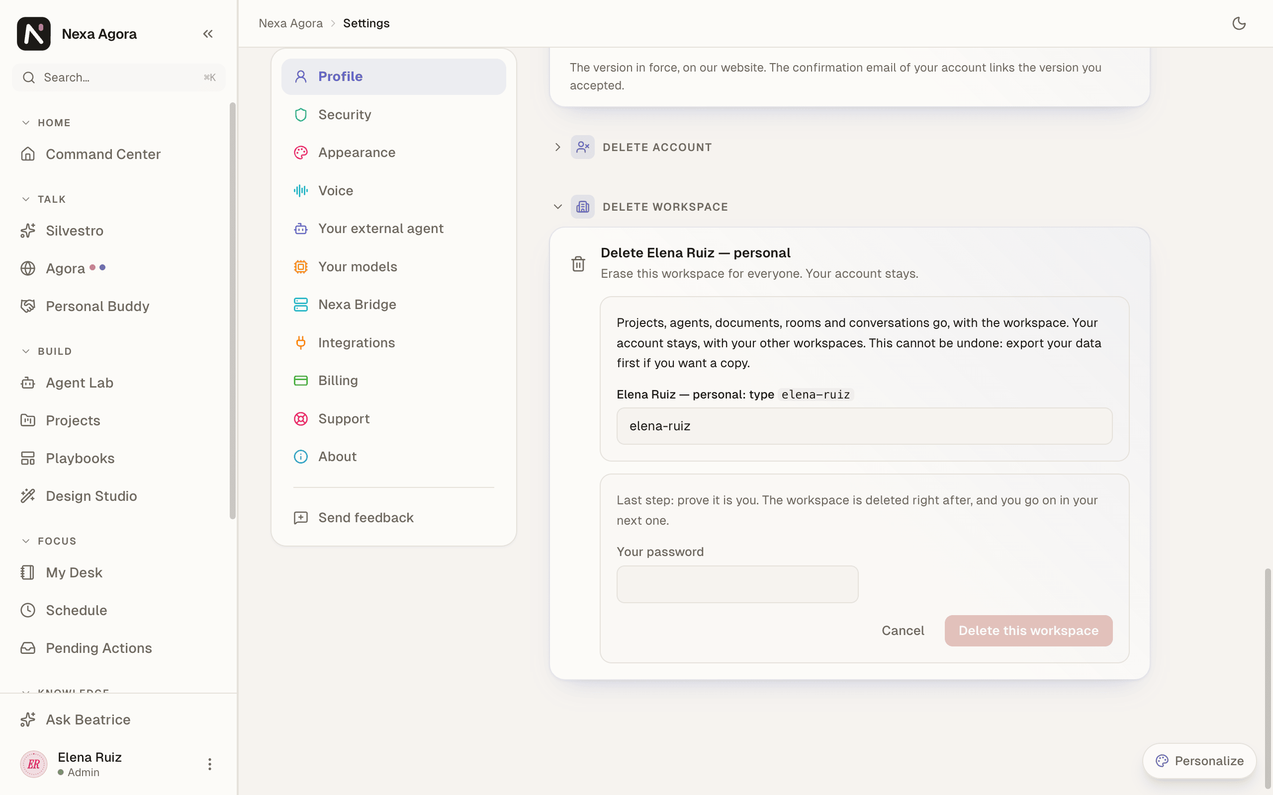 Delete workspace opened for a one-person workspace, with what goes with it and the short name to type.