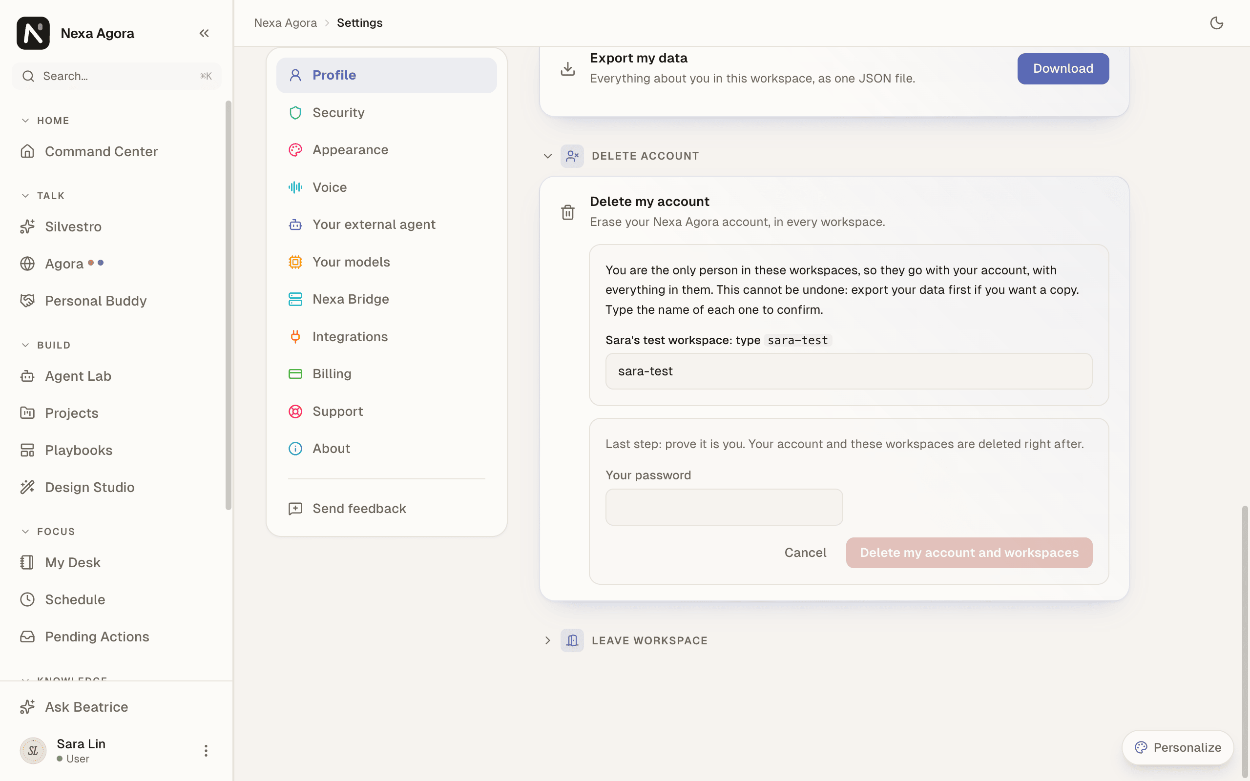 The last step, "Last step: prove it is you…", with Delete my account and workspaces.