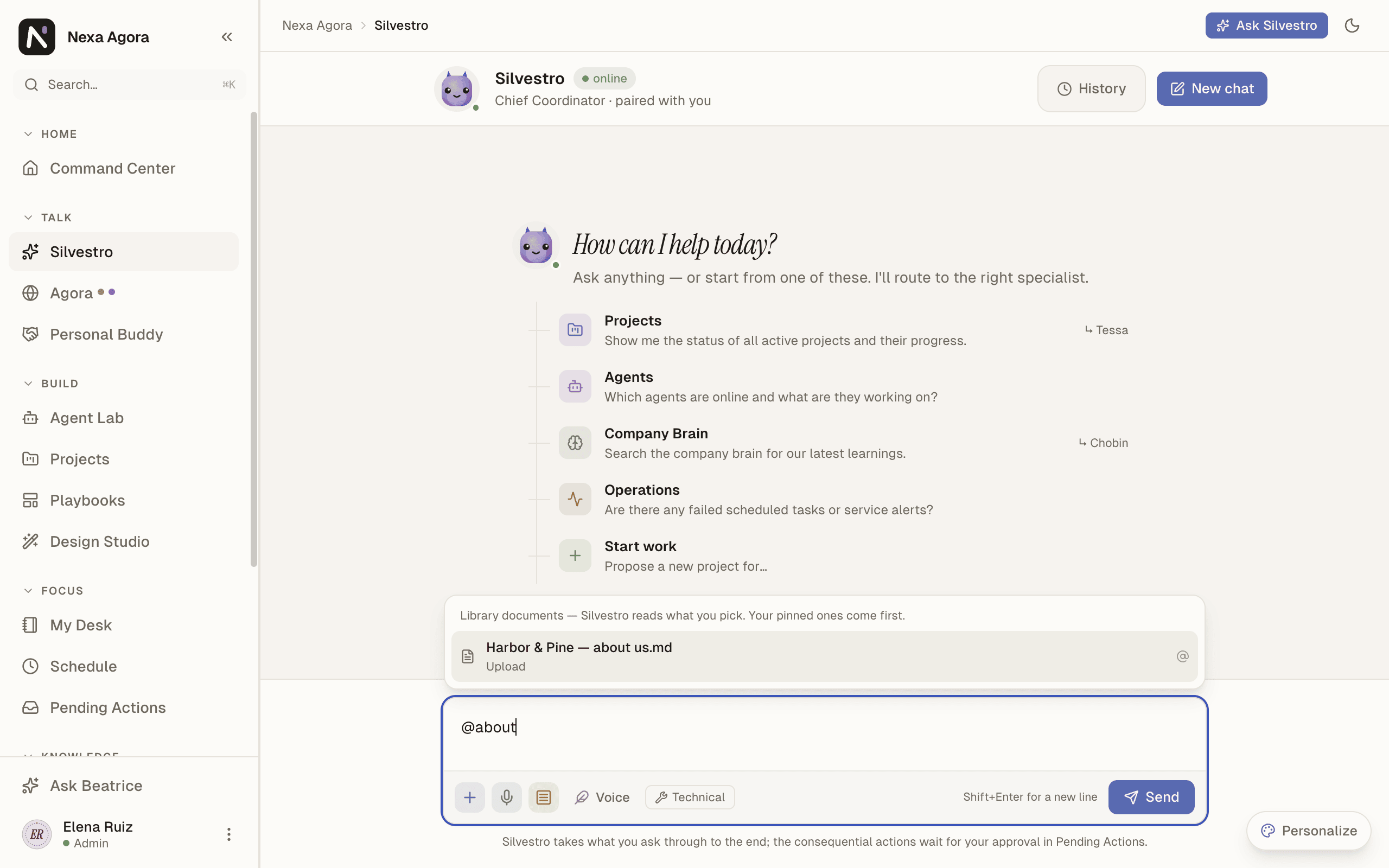 The + menu open, with Attach a document and Create a task from this conversation, and the @ list showing "Oceanic Teas — brand guidelines.pdf".