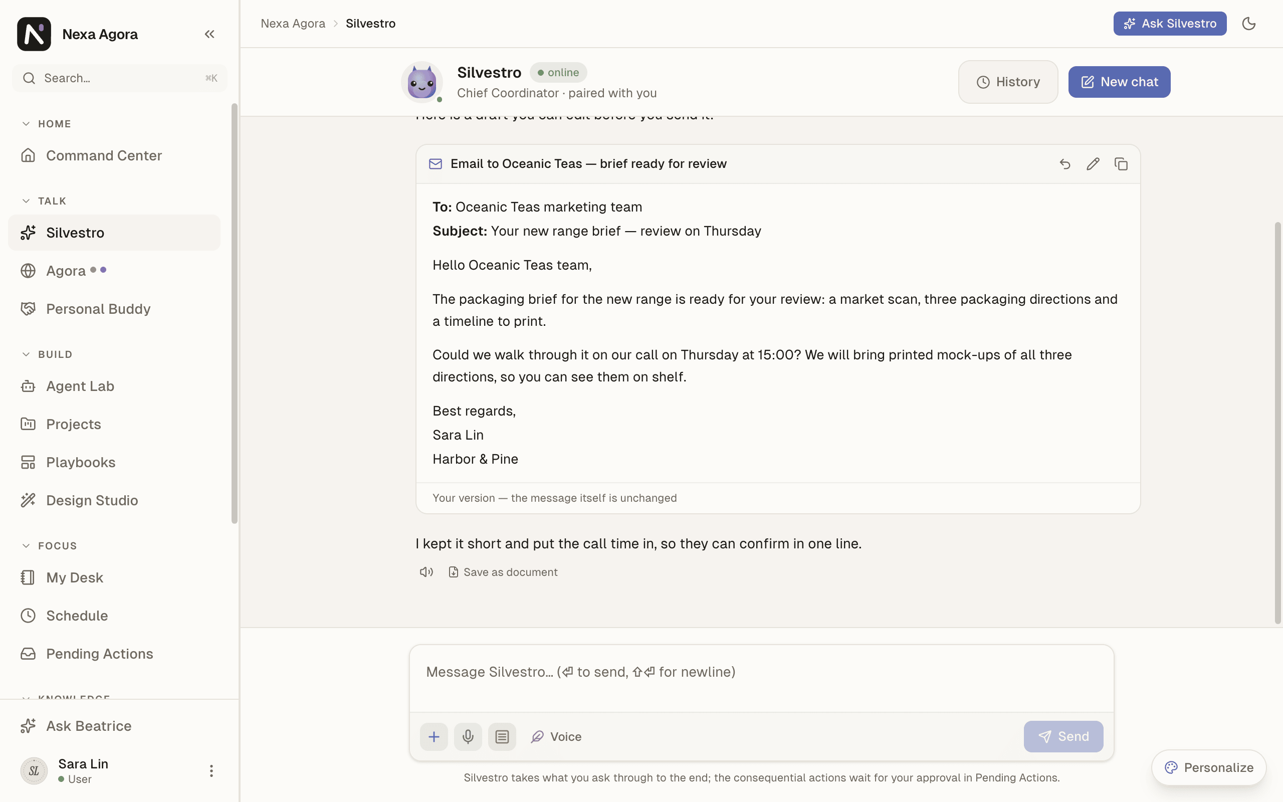 A workable block, an email draft to Oceanic Teas, in "Your version" state, with Copy and Restore.