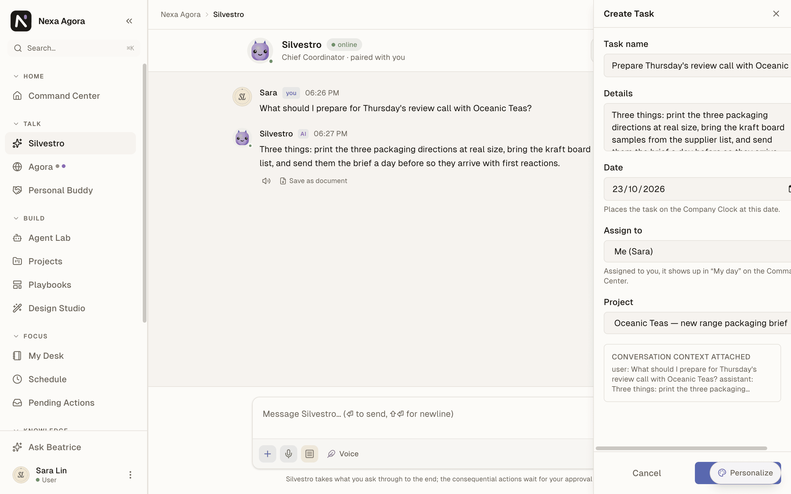 The Create task drawer with "Conversation context attached".