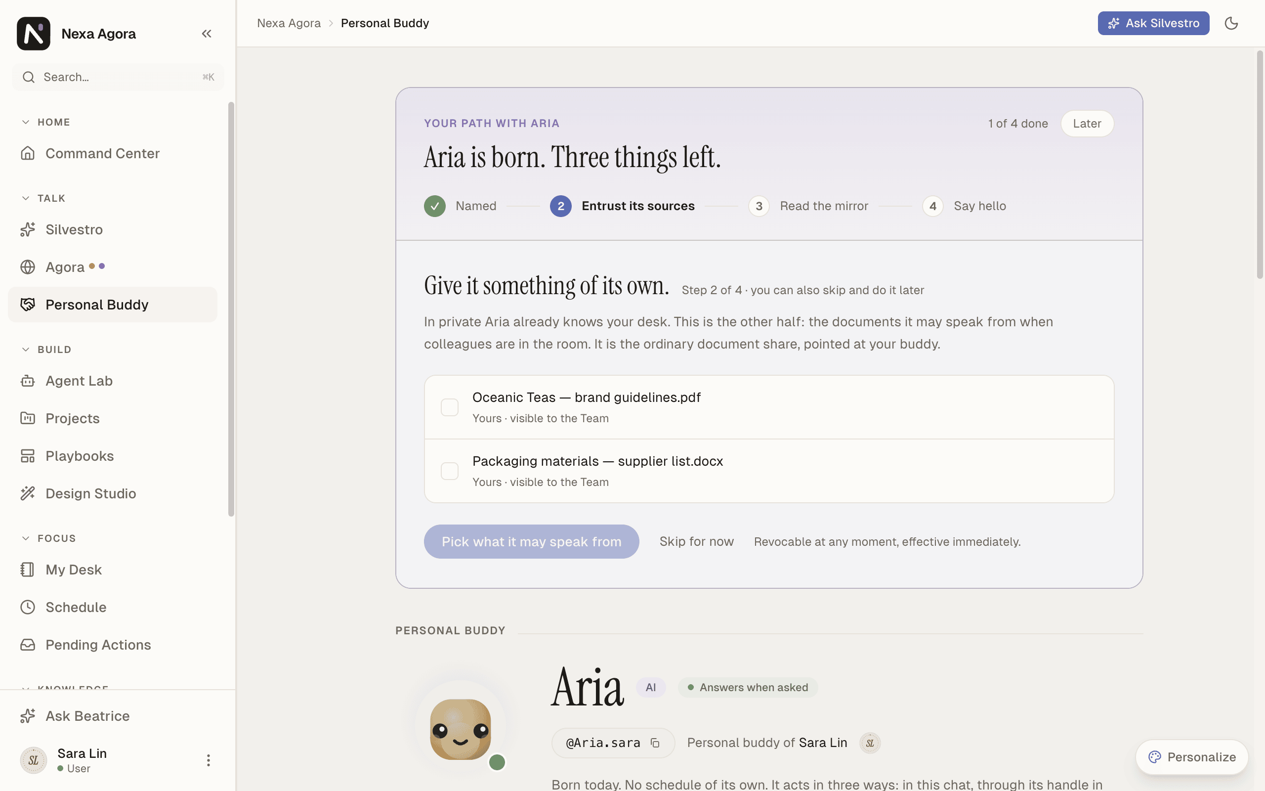 The path after birth: "Aria is born. Three things left." with the four stops.
