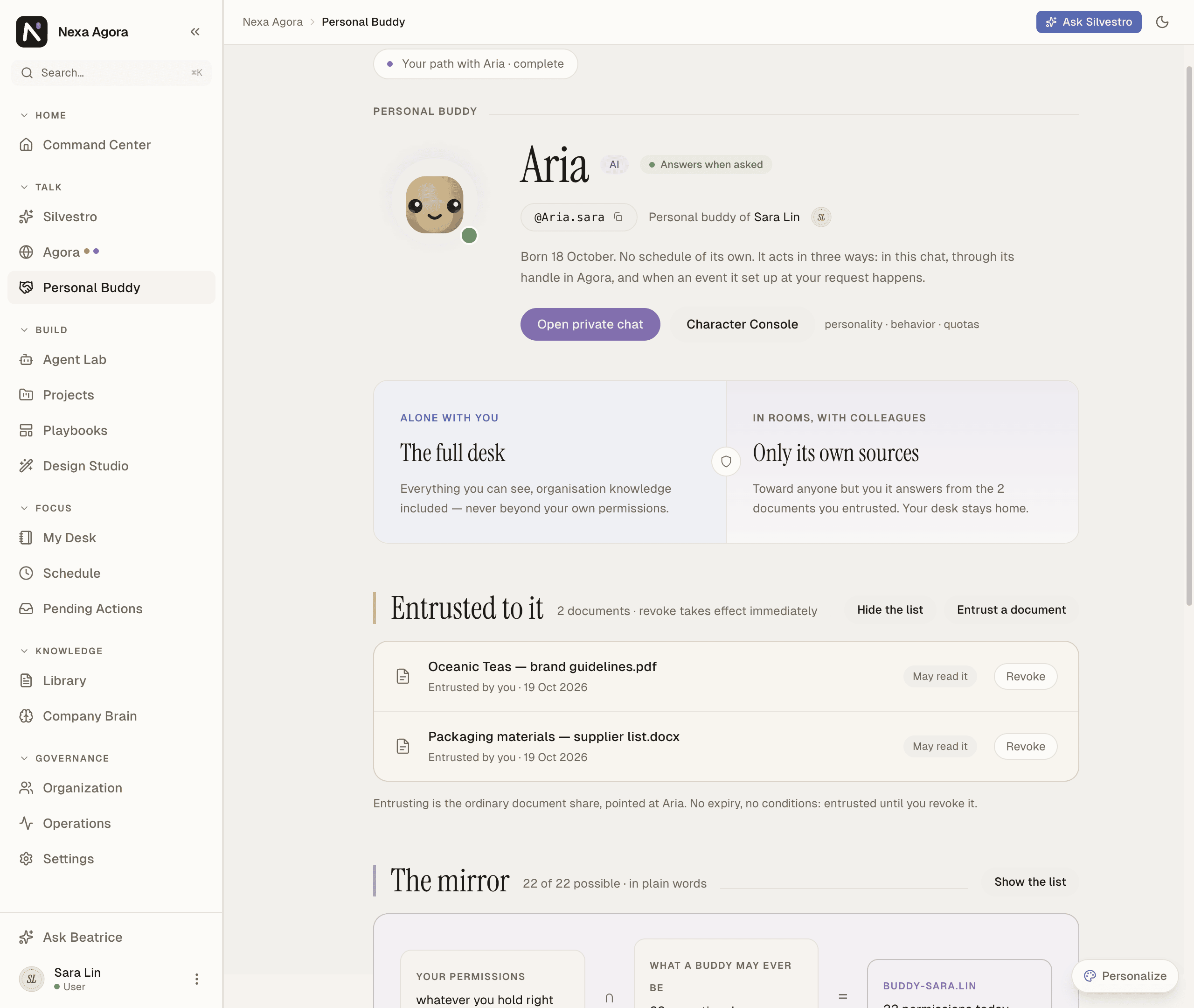 The Personal Buddy page for Sara Lin, with Open private chat, Character Console, The mirror and Entrusted to it.