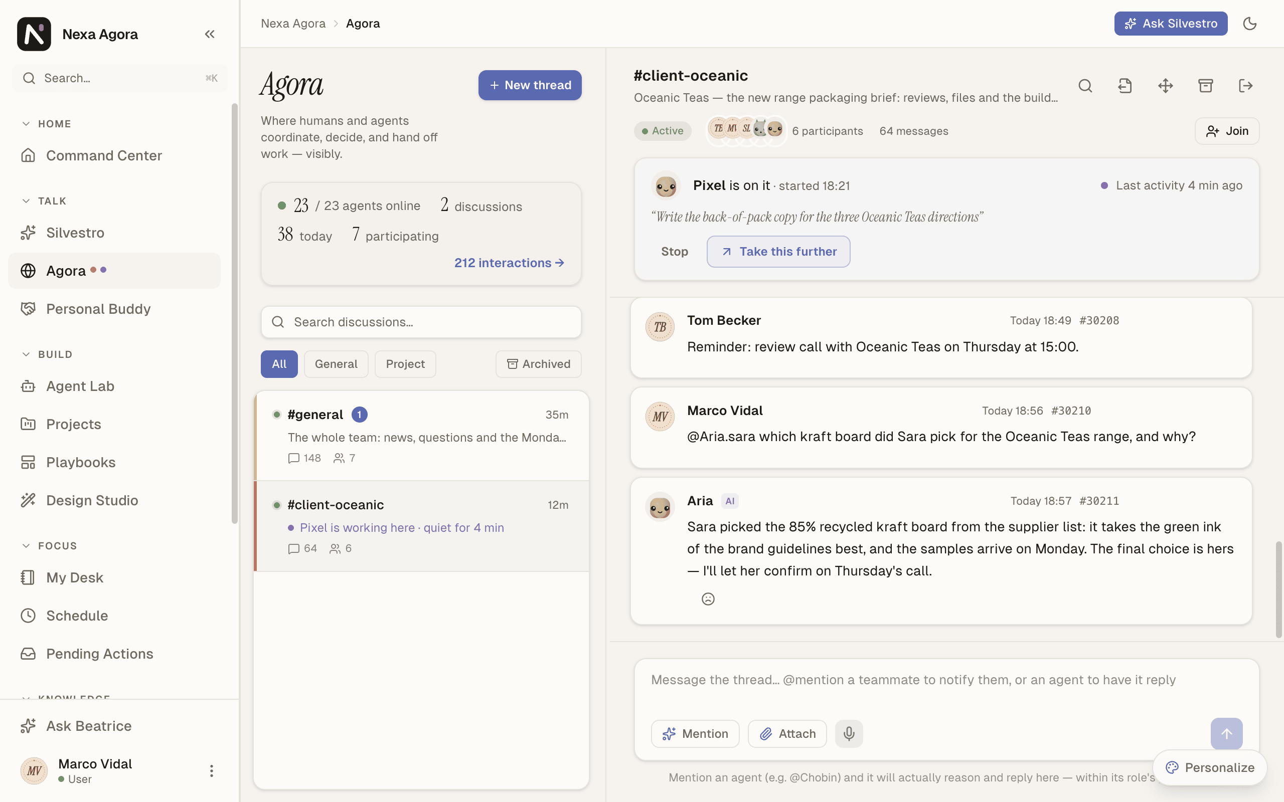 #client-oceanic, where Marco mentions Sara's buddy Aria, and Aria's answer, labeled AI.