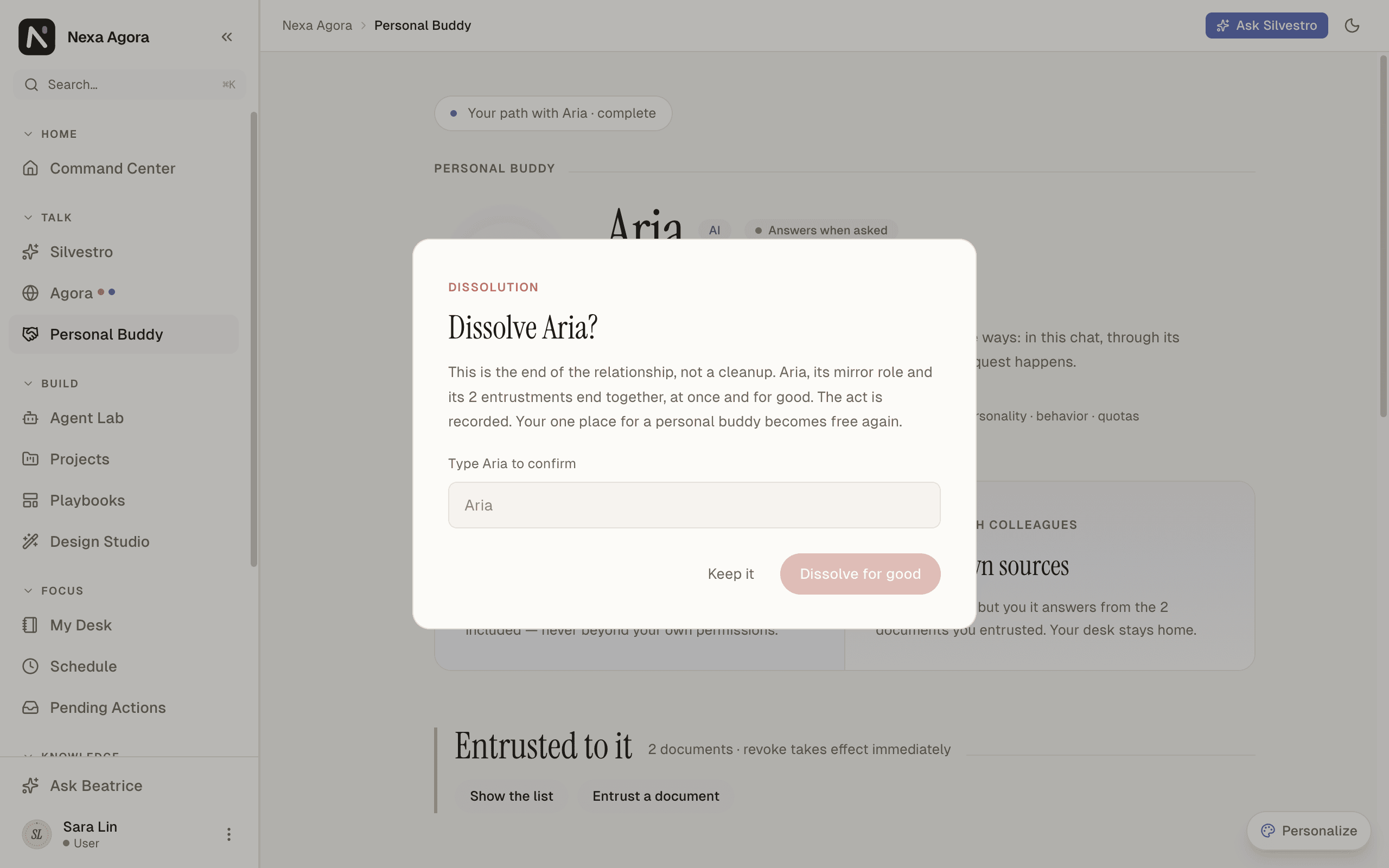 The "Dissolve Aria?" dialog.
