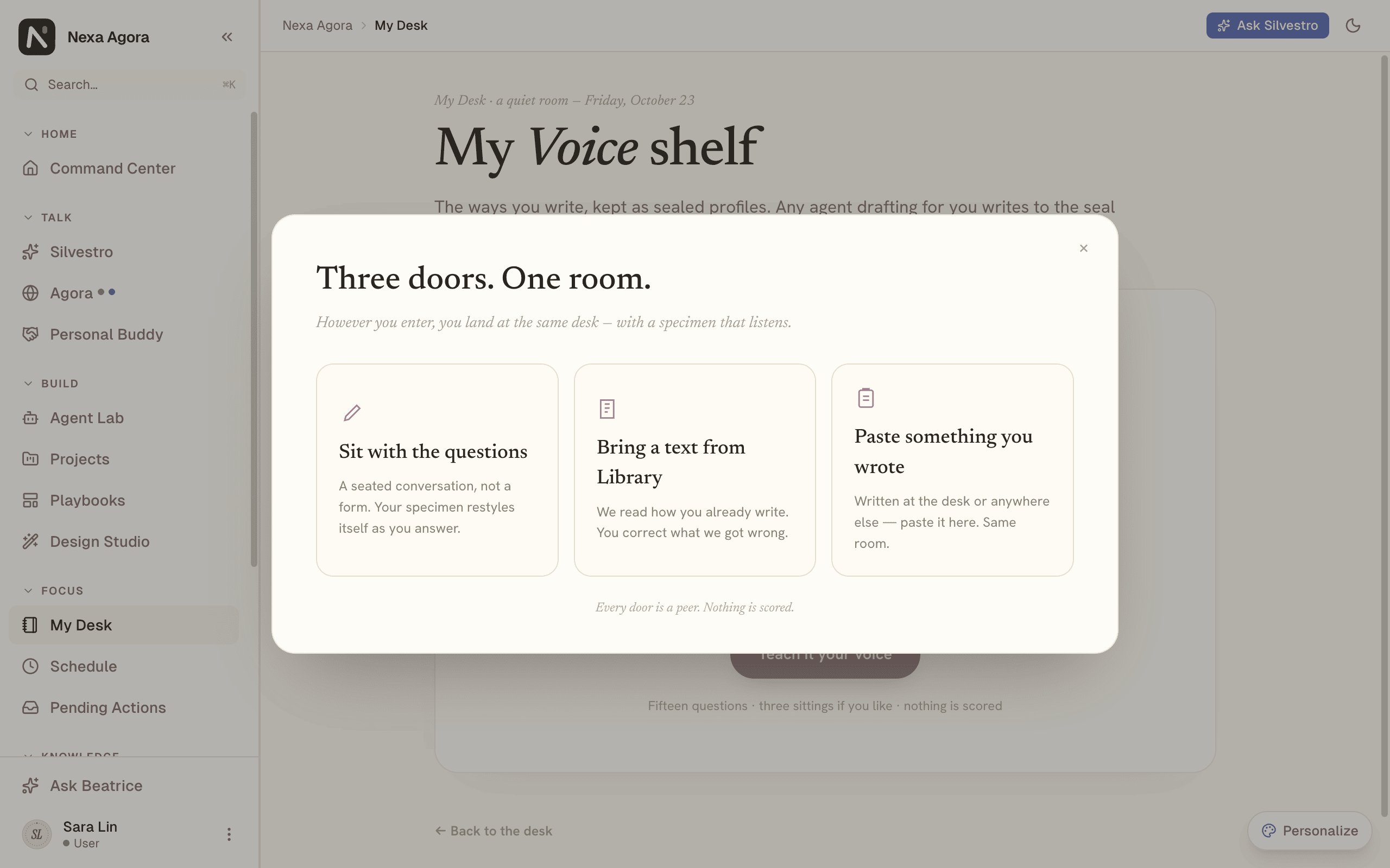 My Voice shelf with "Three doors. One room."