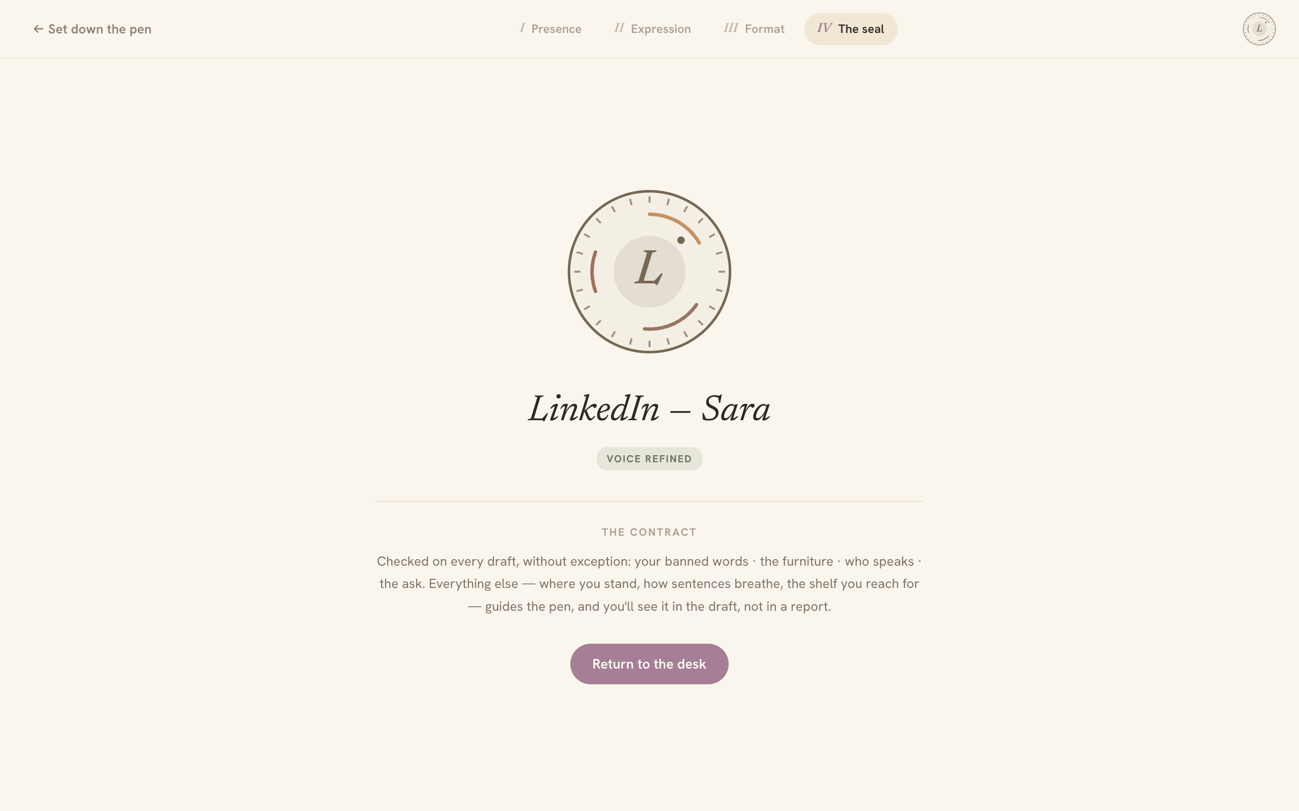 A sealed voice card "LinkedIn — Sara" with THE CONTRACT, and Silvestro's chip reading "LinkedIn — Sara".
