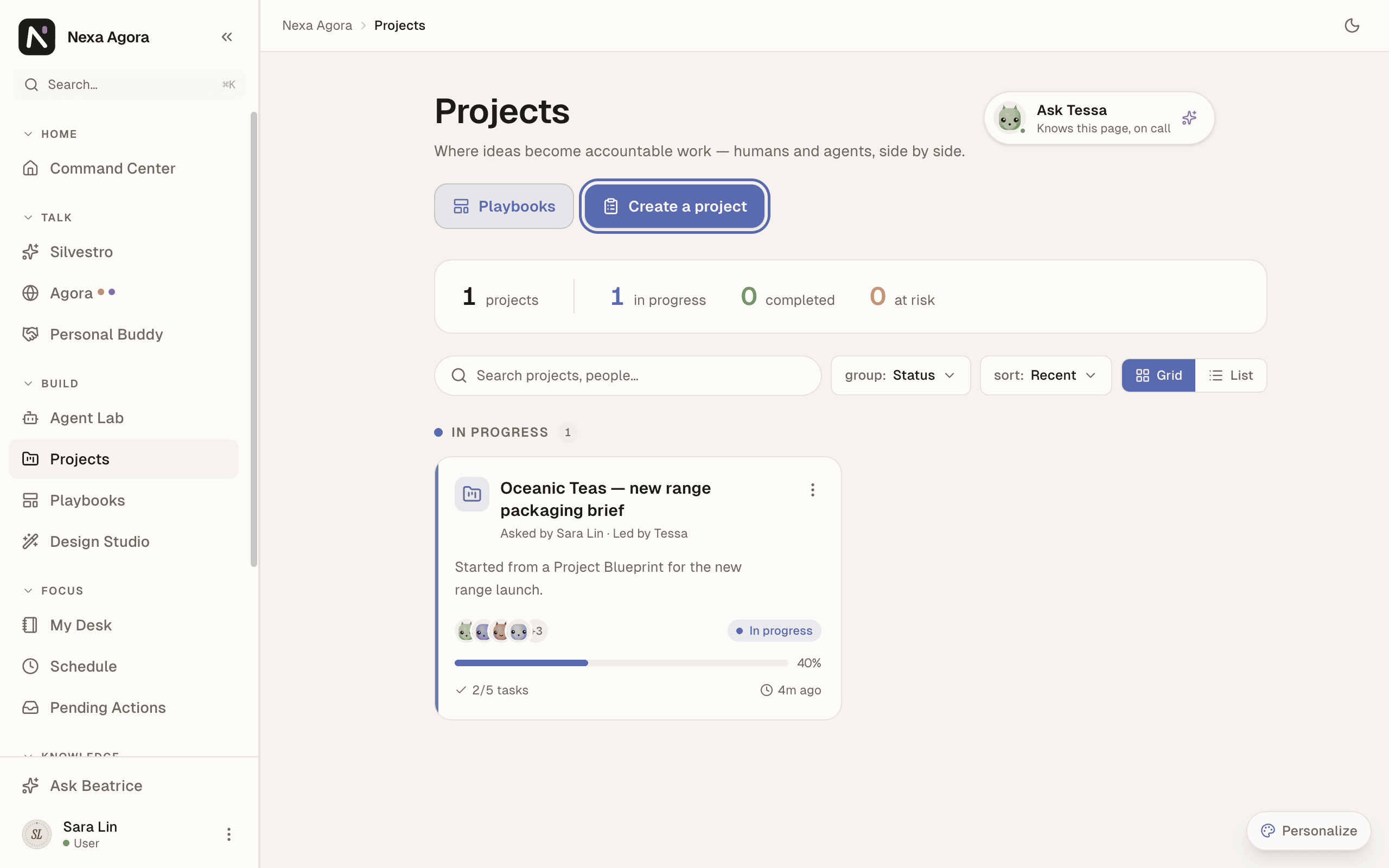 The Projects list of Harbor & Pine in grid view, with the card "Oceanic Teas — new range packaging brief" in progress, asked by Sara Lin and led by Tessa, and Create a project highlighted.