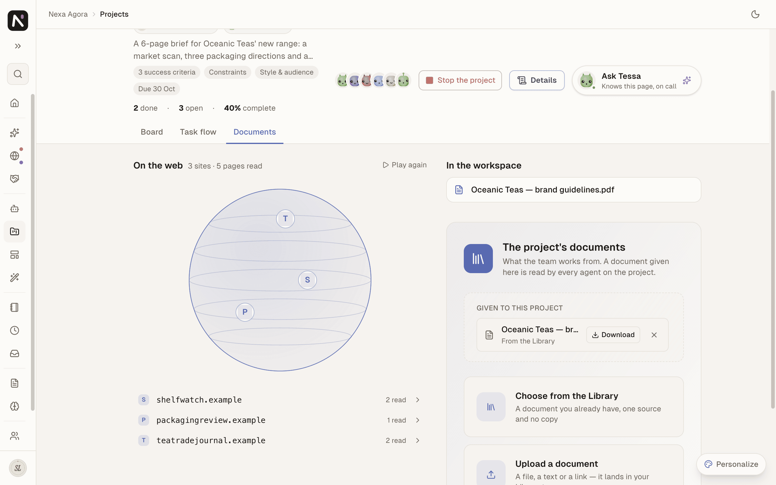 The Documents tab with "Oceanic Teas — brand guidelines.pdf" given to the project, and the web sites the team read below.