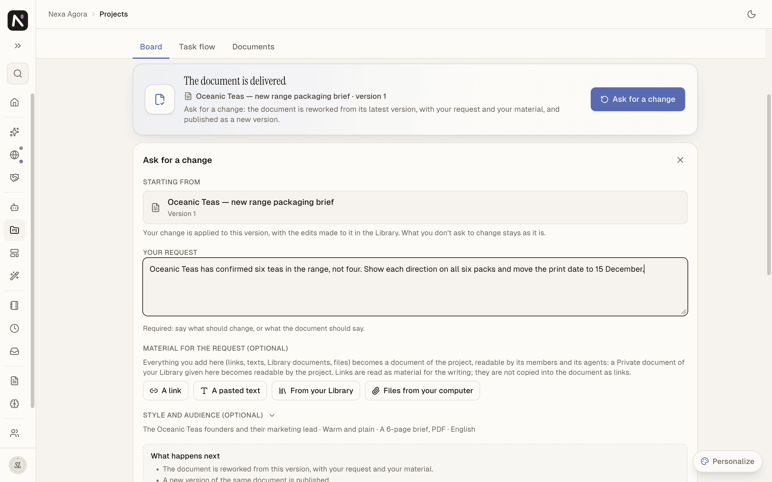 The banner "The document is delivered" for the 6-page brief, version 1, with the Ask for a change panel filled in.