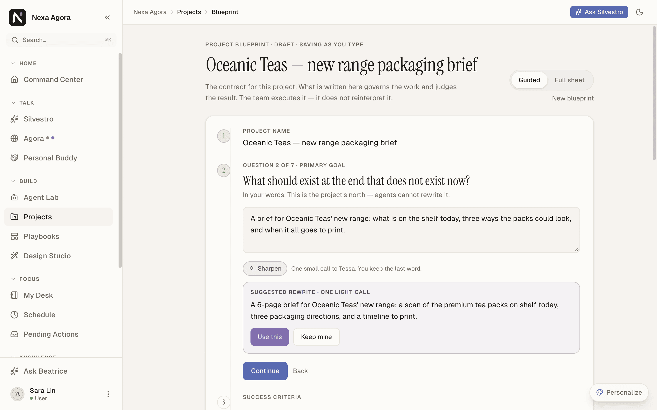 The Blueprint in Guided mode at the primary goal of "Oceanic Teas — new range packaging brief", with a Sharpen proposal and Use this and Keep mine.