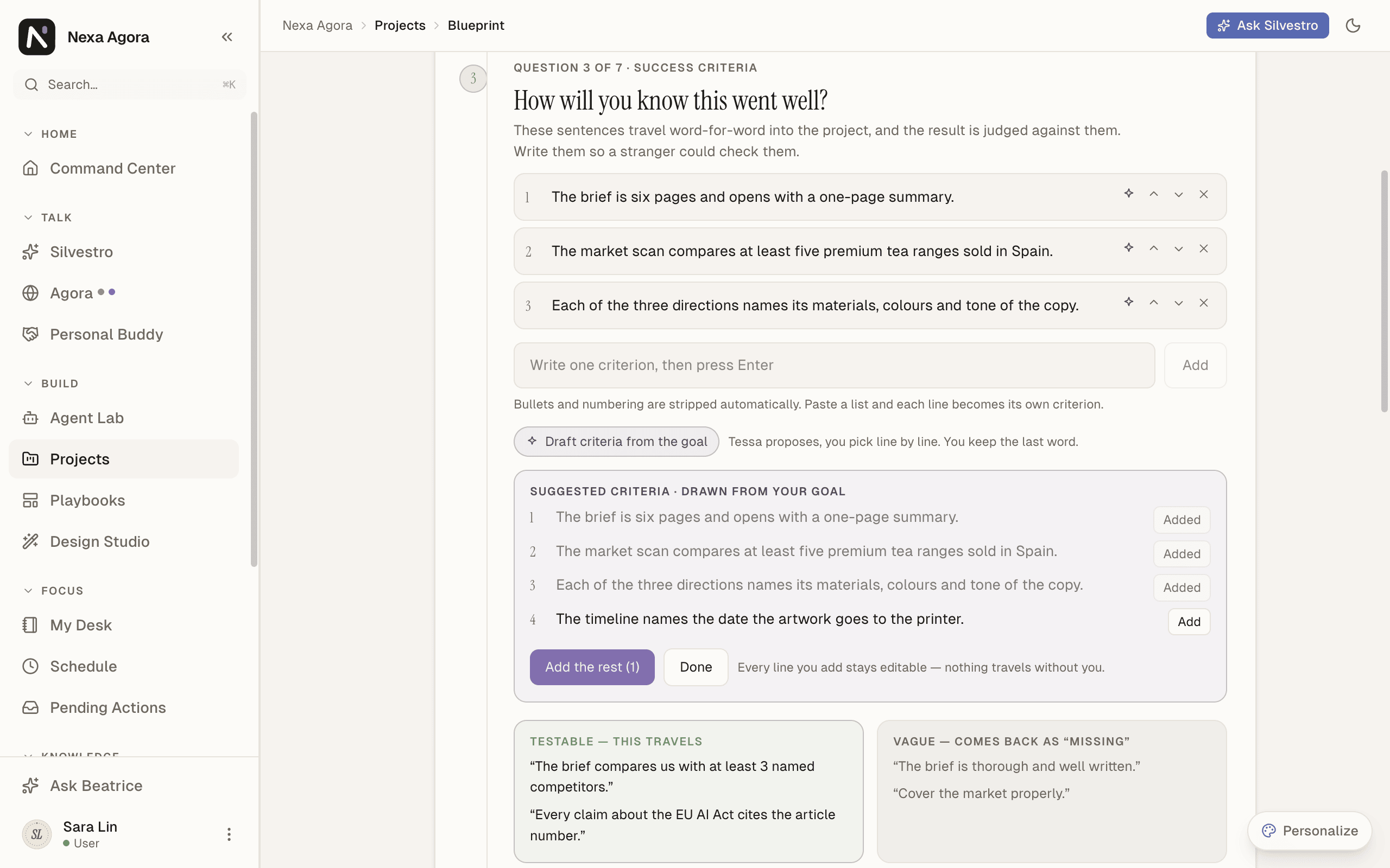 Success criteria with three criteria, and the list "Suggested criteria · drawn from your goal" open.