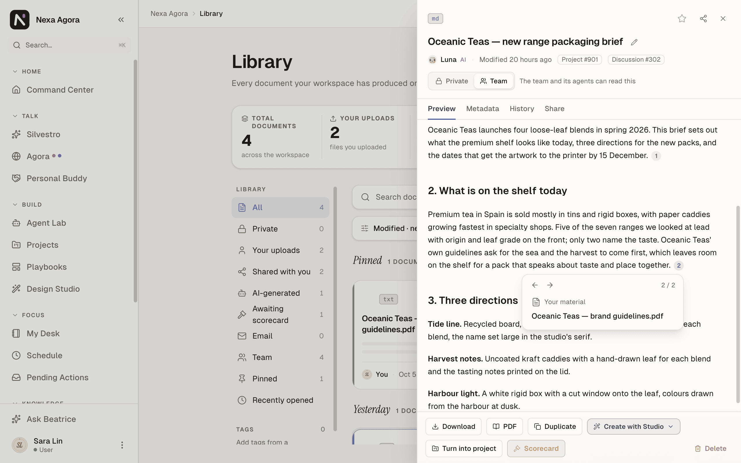 The delivered 6-page brief in the Library, with one paragraph's sources open: a web source and one under Your material.