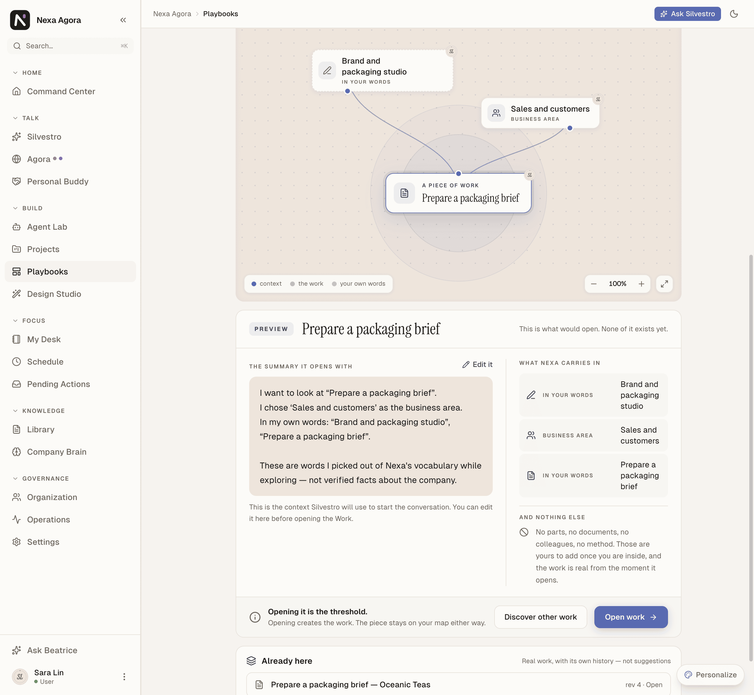 A road ending in "Prepare a packaging brief", with its Preview and Open work.