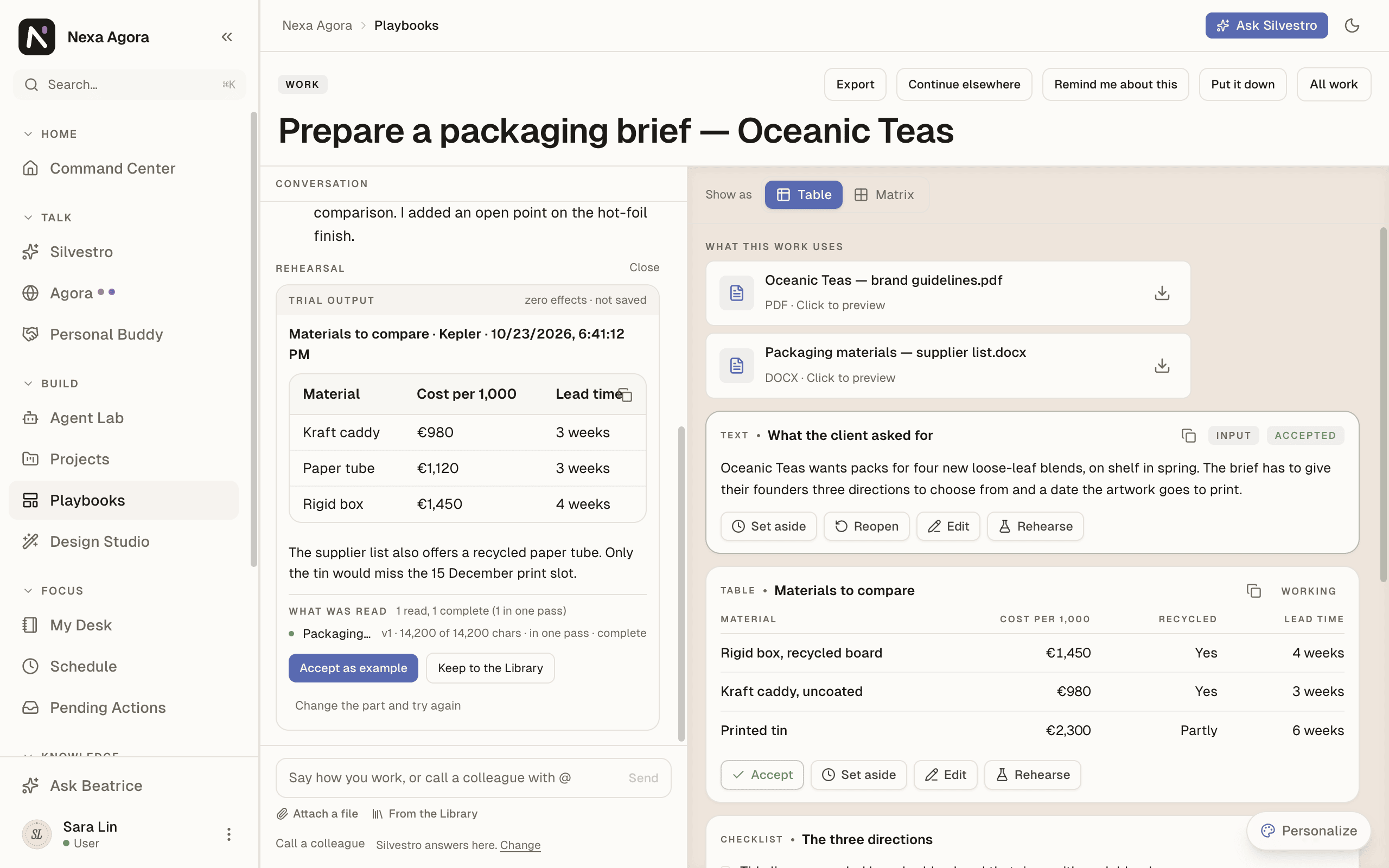 The trial output of a rehearsal on "Packaging materials — supplier list.docx", with Accept as example and Keep to the Library.