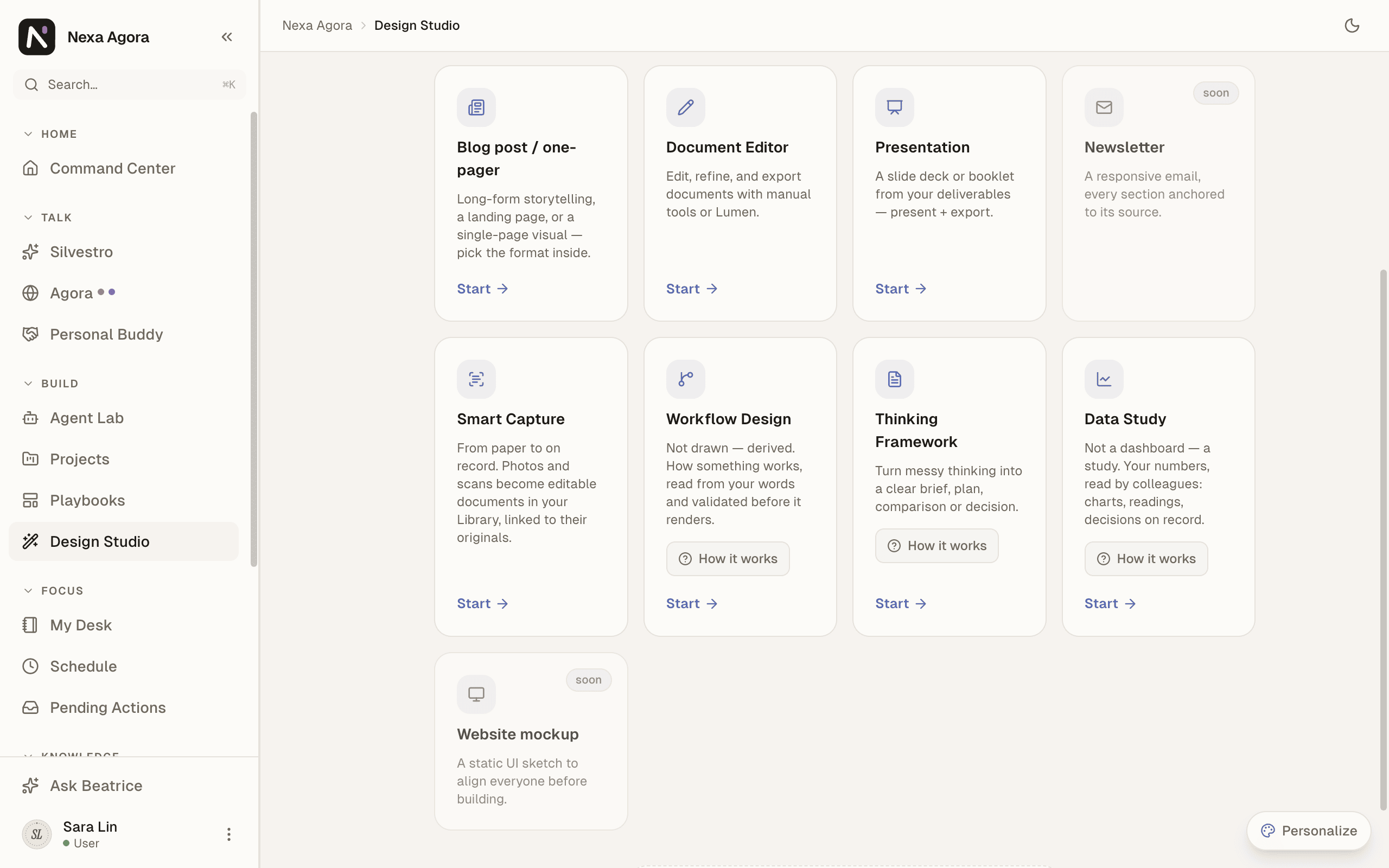 The Design Studio grid with the live families, and Newsletter and Website mockup marked soon.