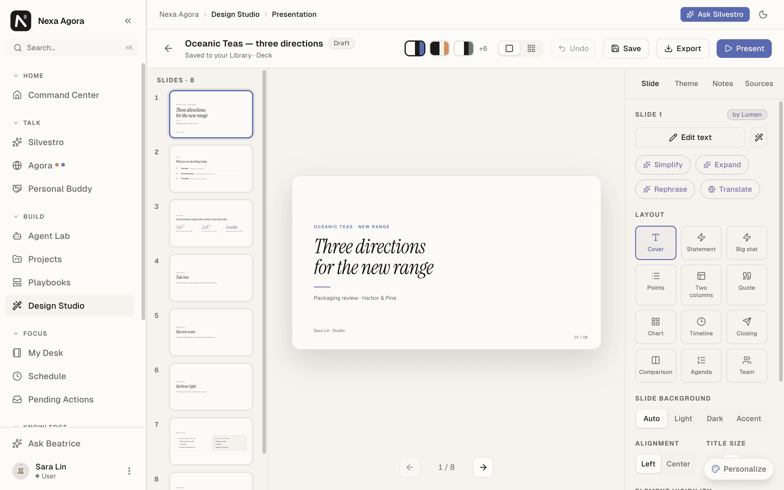 The deck workspace with the Slide inspector open, showing Simplify, Expand, Rephrase and Translate.