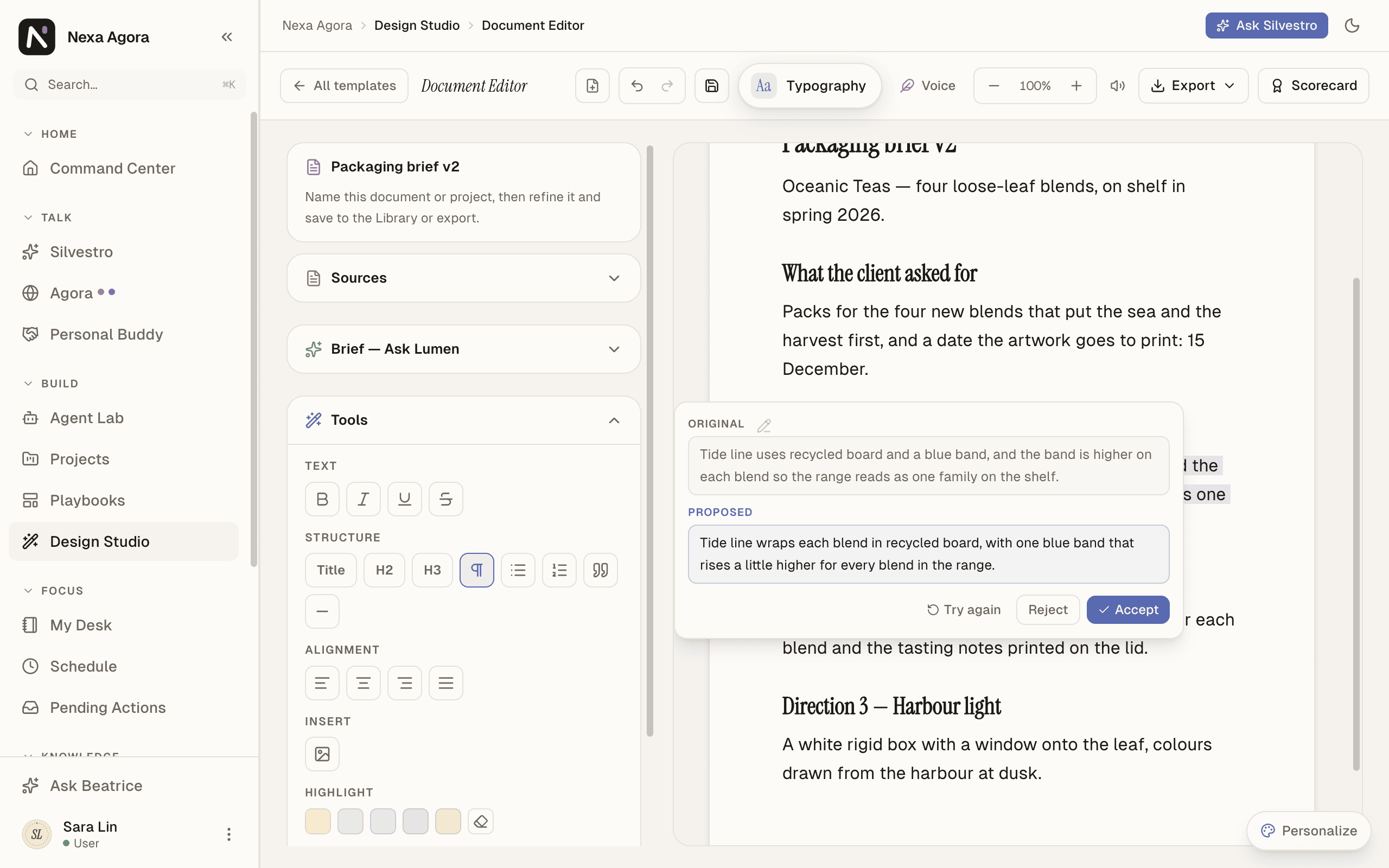 The Document Editor with "Packaging brief v2" and a Lumen rewrite showing Original and Proposed.