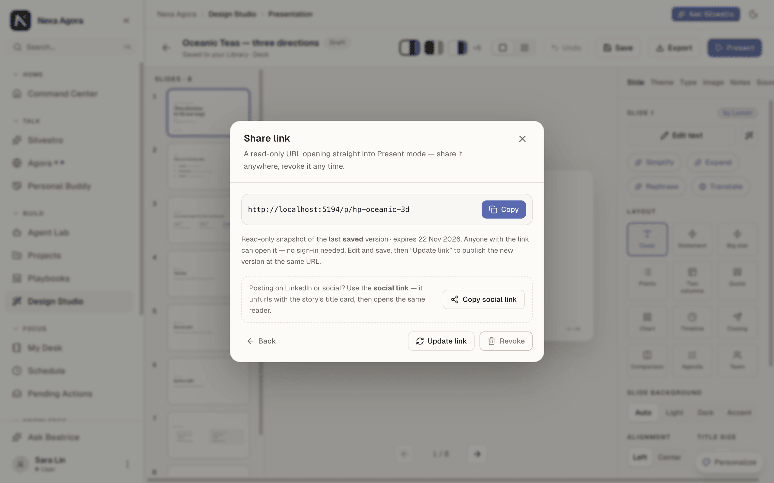 The link panel of a presentation, with Copy, Update link and Revoke.