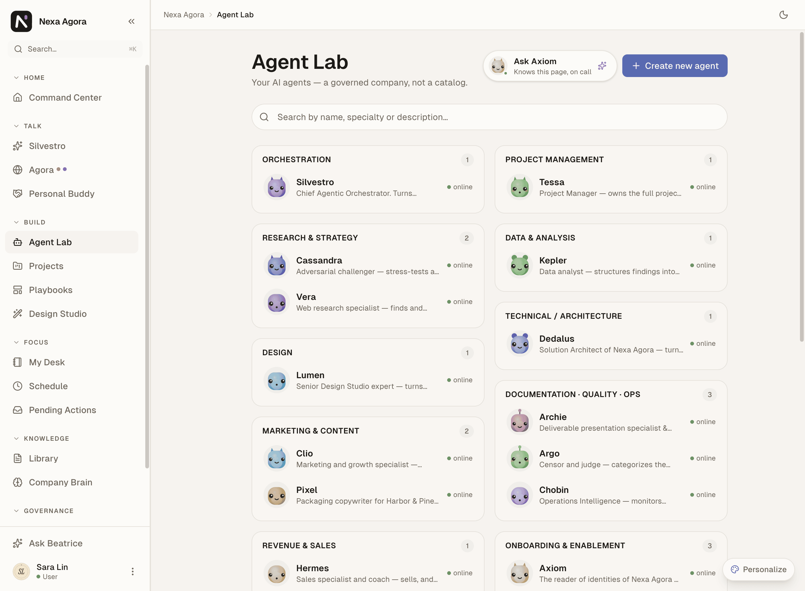 The Agent Lab roster of Harbor & Pine in user view, with Pixel under Marketing & Content.