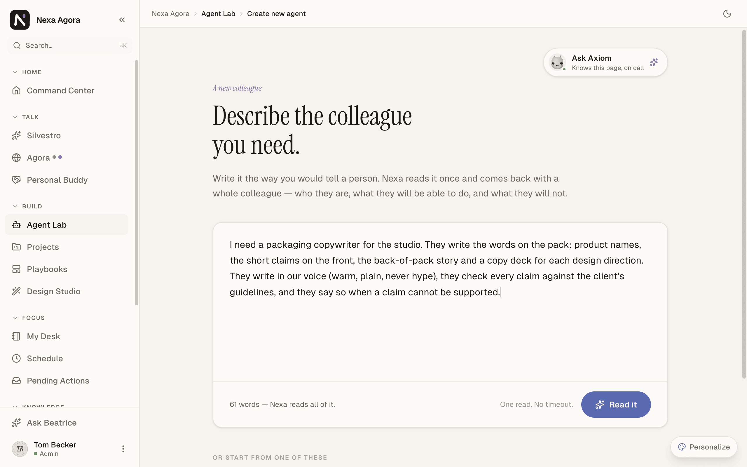 The "A new colleague" page with a description of a packaging copywriter typed in.