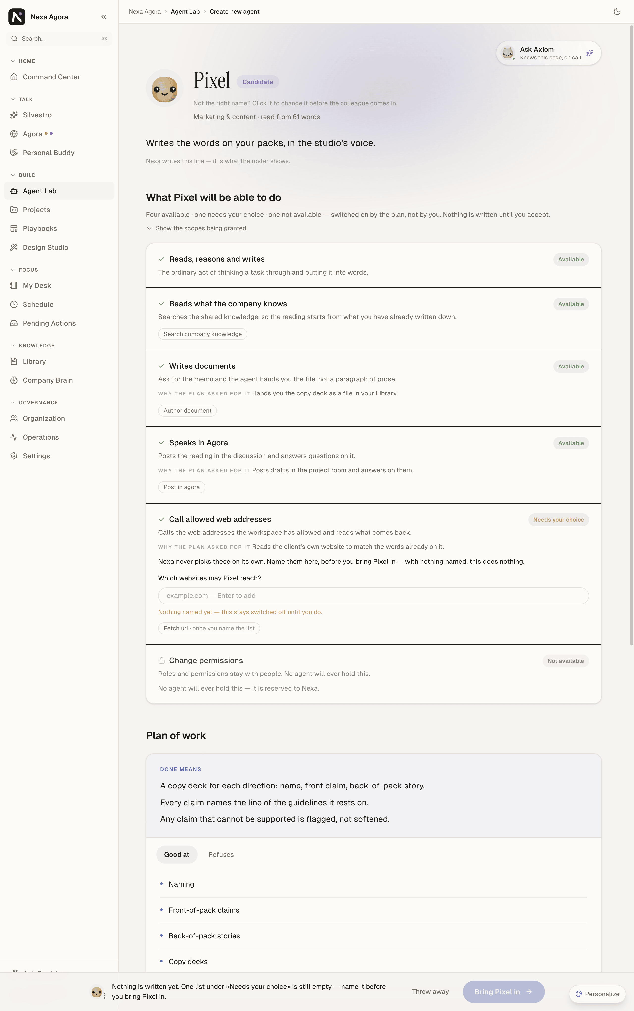 The proposal for Pixel: Candidate, Plan of work, and What Pixel will be able to do with Available, Needs your choice and Not available.