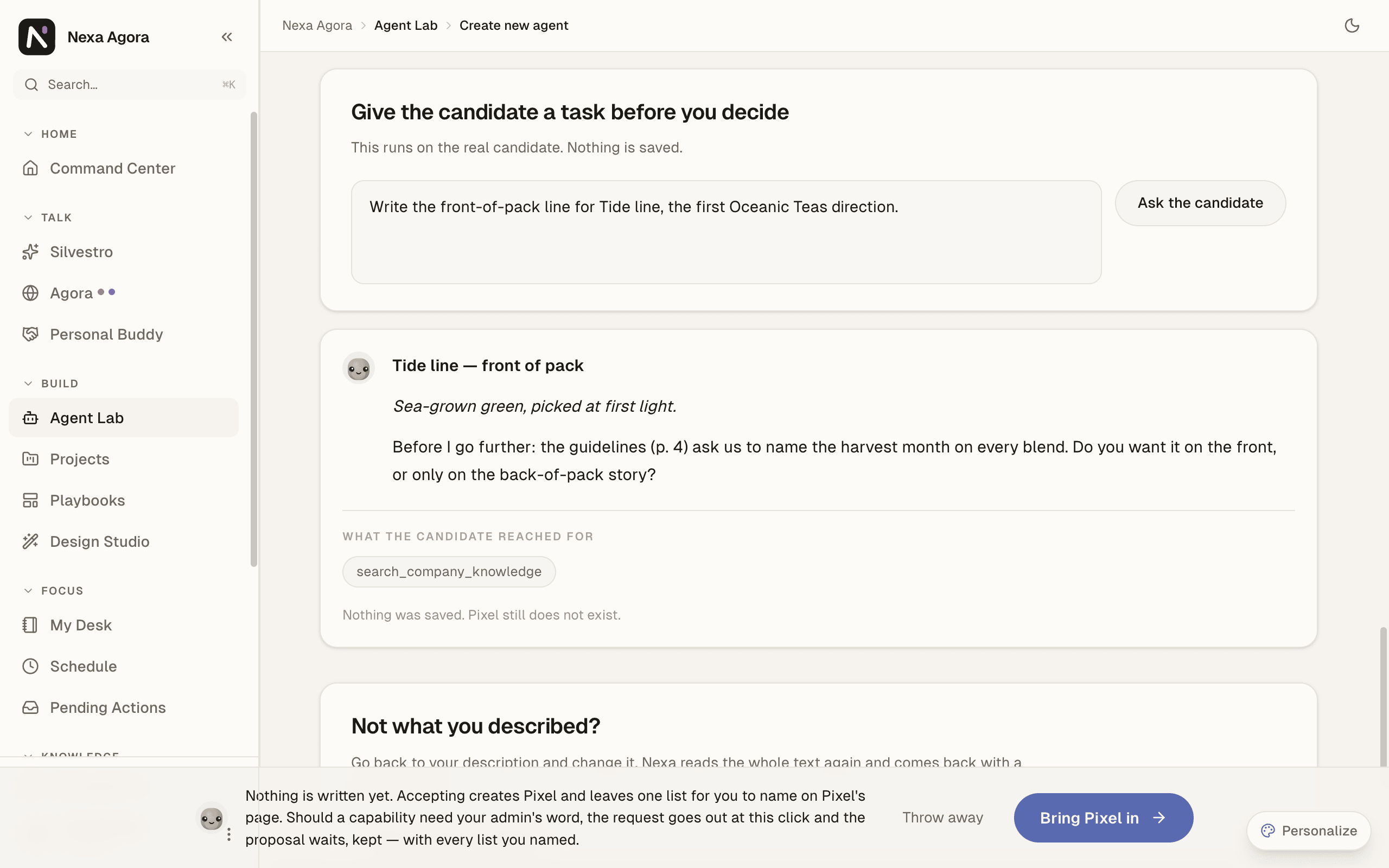 Give the candidate a task before you decide, with an answer from Pixel.