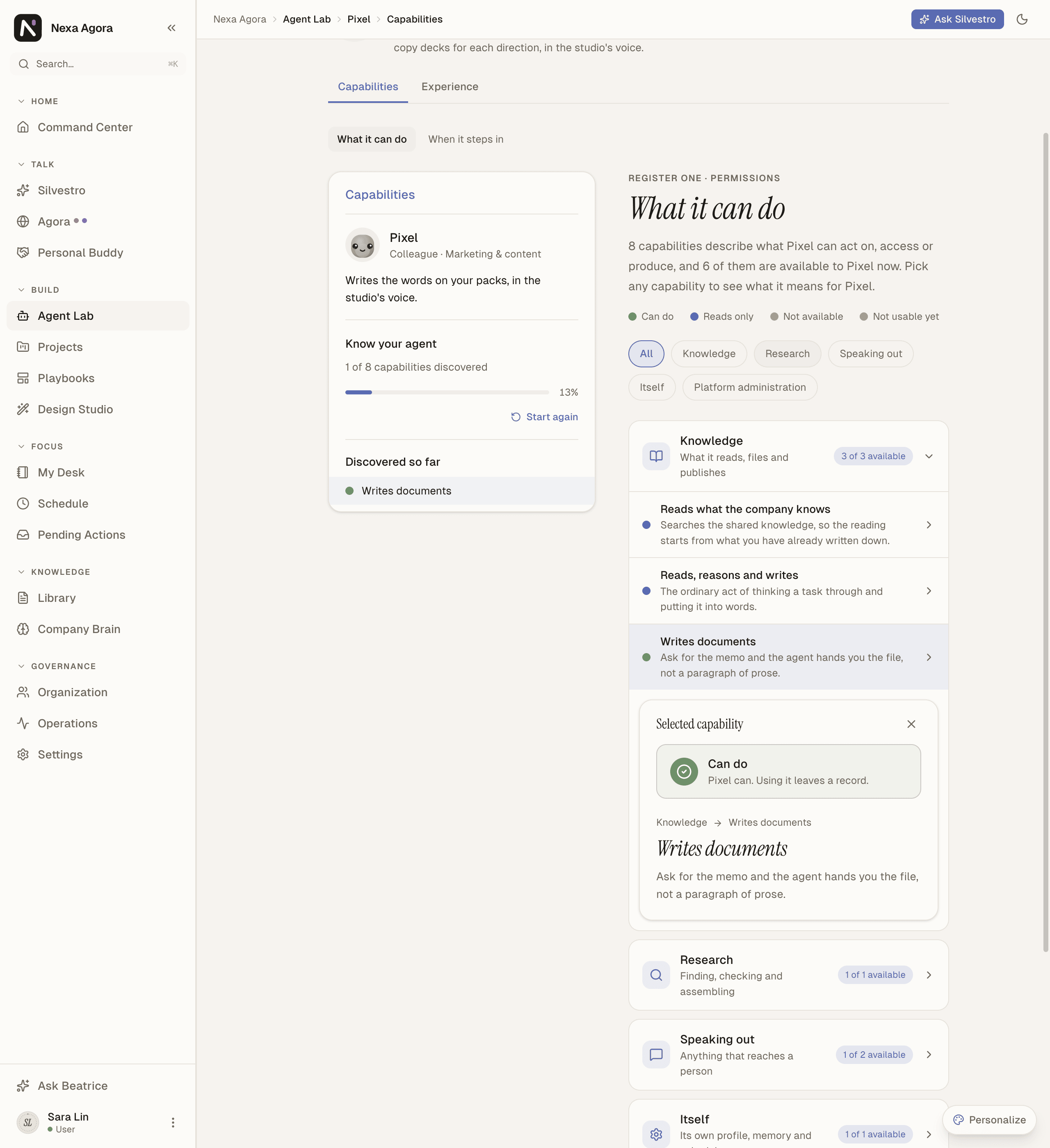 Pixel's page in user view: What it can do, with one line opened.
