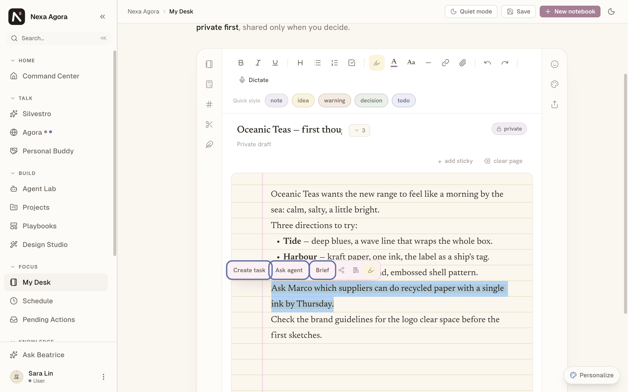 A selection with its small menu, and Create task, Ask agent and Brief highlighted.