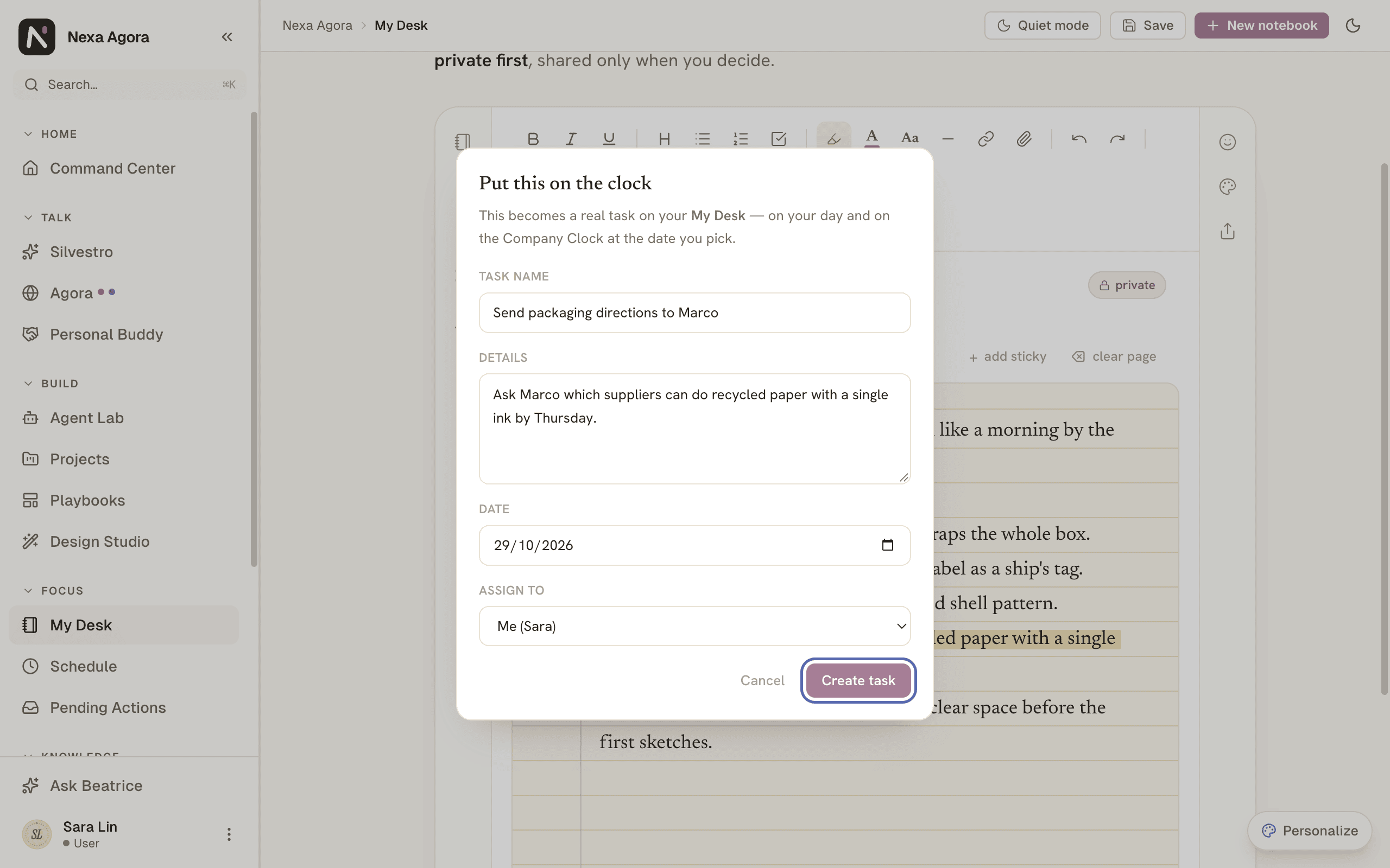 The "Put this on the clock" dialog filled in: "Send packaging directions to Marco", Thursday, assigned to Me, with Create task highlighted.