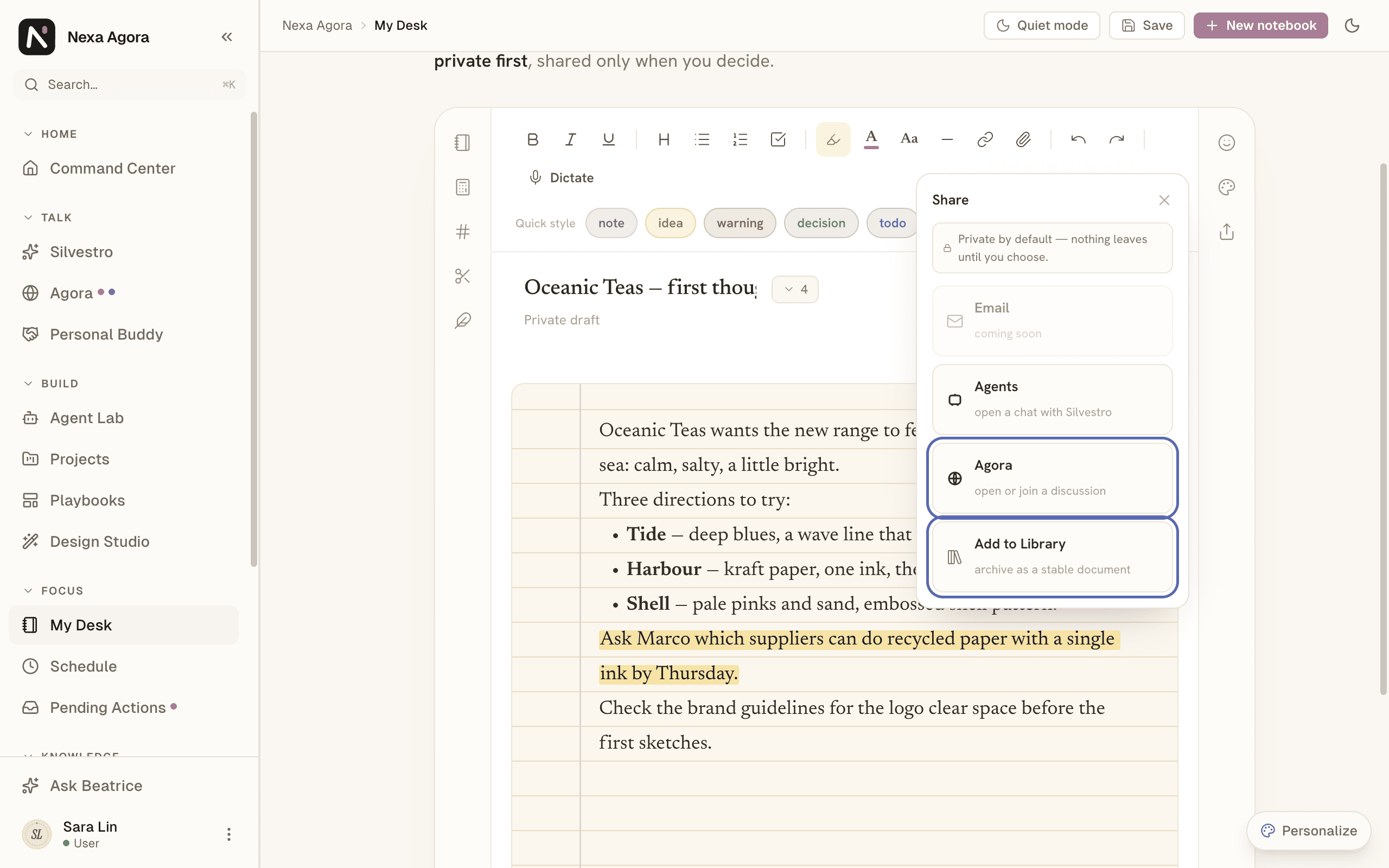 The Share panel, with "Private by default — nothing leaves until you choose." and the Agora and Add to Library rows highlighted.