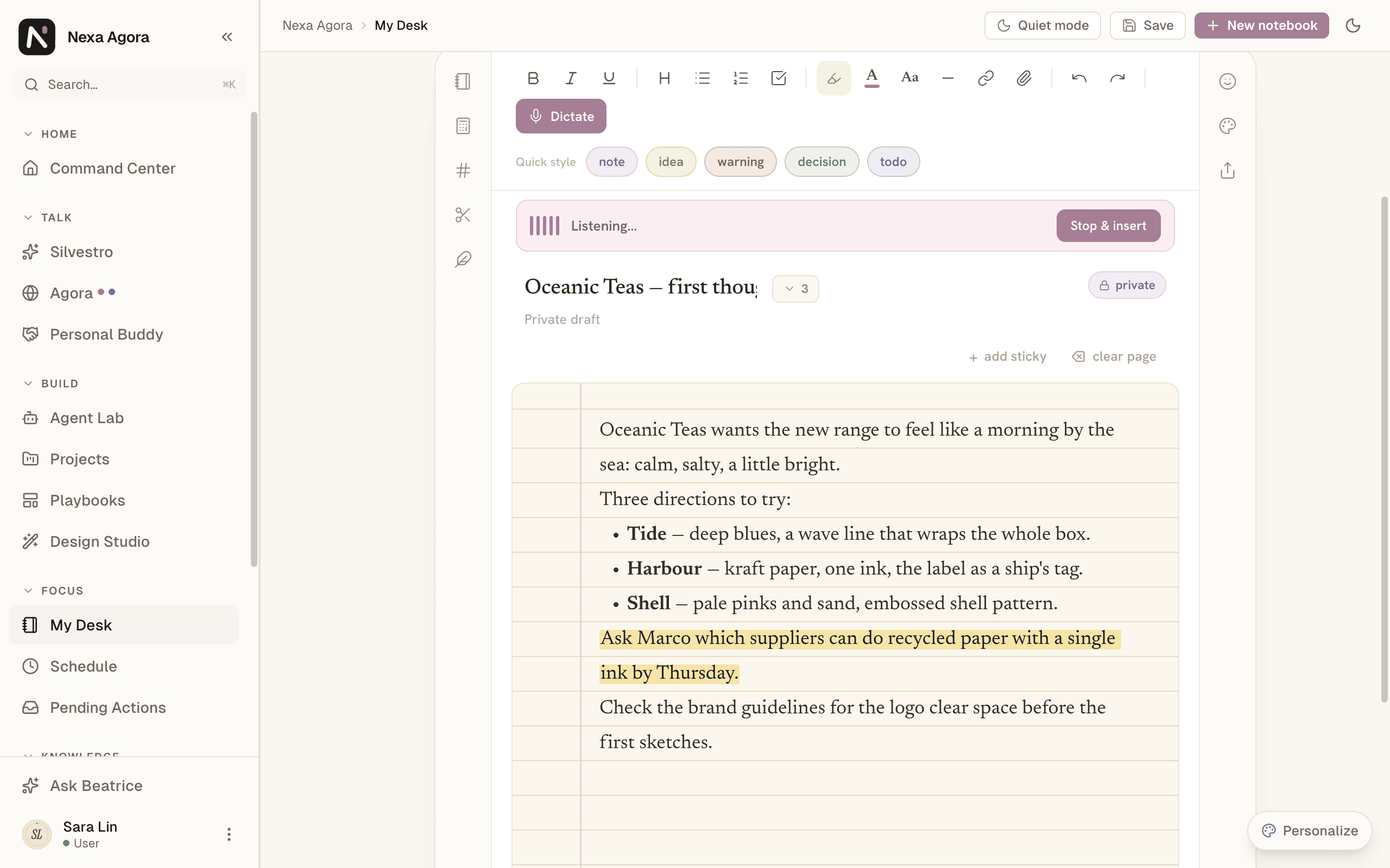 Dictation in progress, with the "Listening…" pill and Stop & insert.