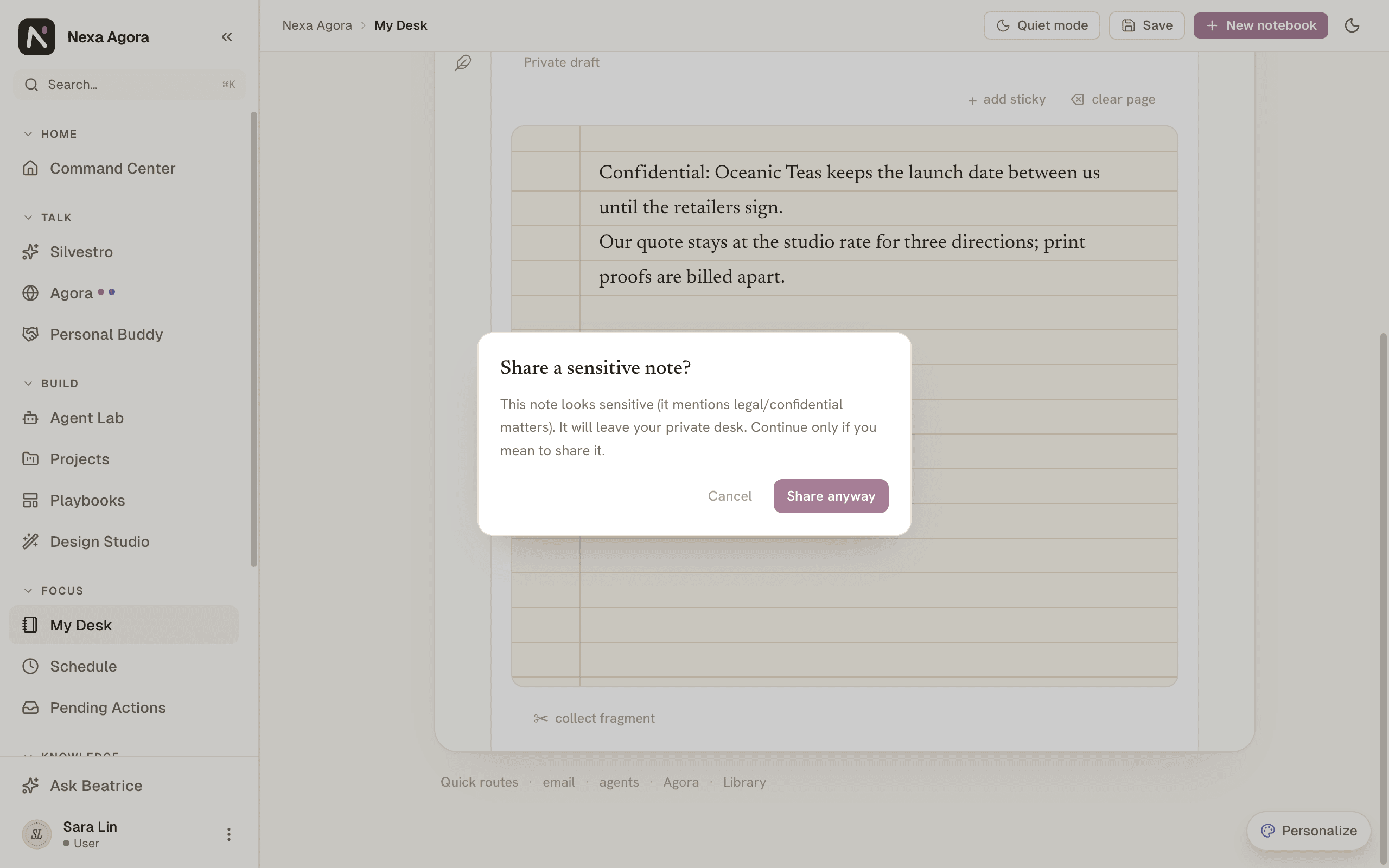 The "Share a sensitive note?" confirmation on a note that mentions "confidential".