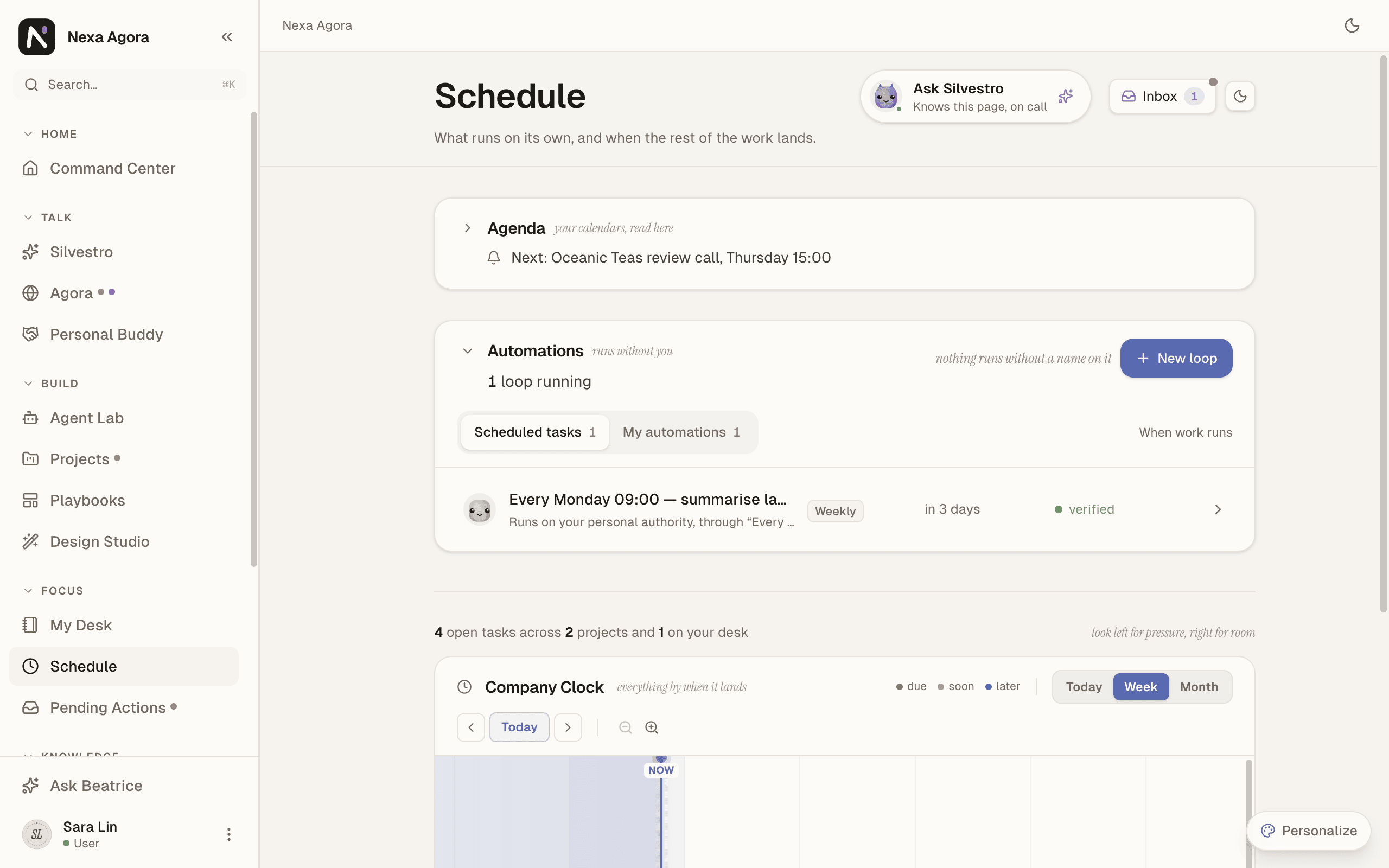 The Schedule page for Sara Lin, with the Agenda folded to one line, Automations open on Scheduled tasks, and the Company Clock in Week view below.