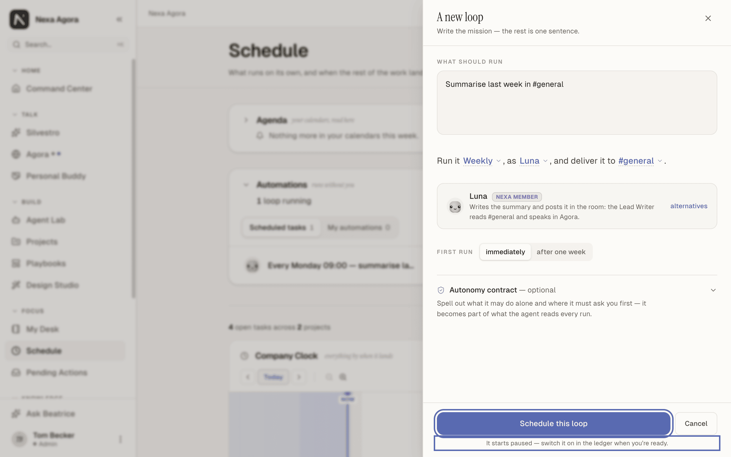The "A new loop" panel filled in by Tom Becker, admin: "Summarise last week in #general", Weekly, a suggested agent, delivered to #general, with Schedule this loop and its note highlighted.