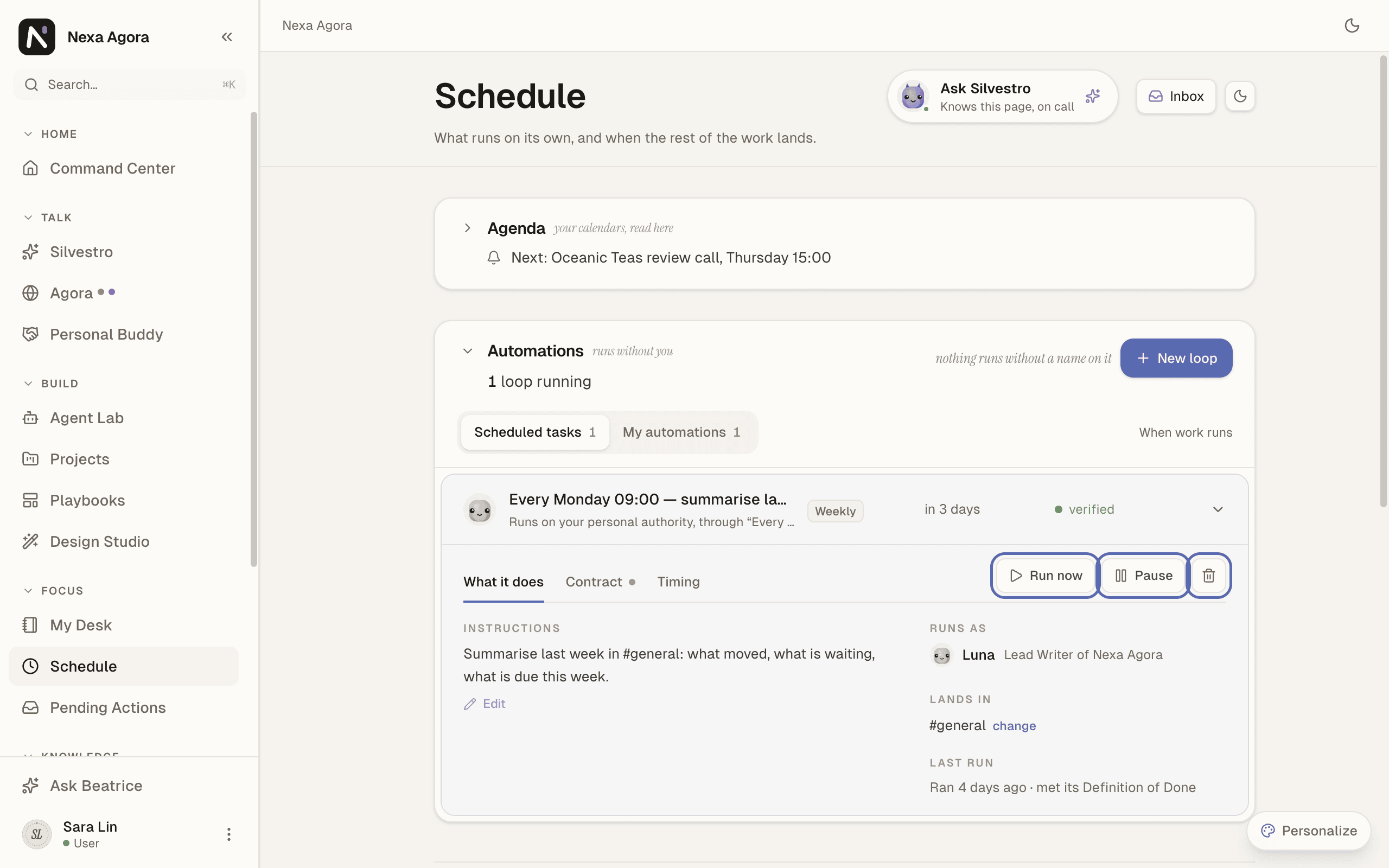 A loop's controls open on "What it does" for "Every Monday 09:00 — summarise last week in #general", with Resume, Run now, Pause and Delete highlighted.