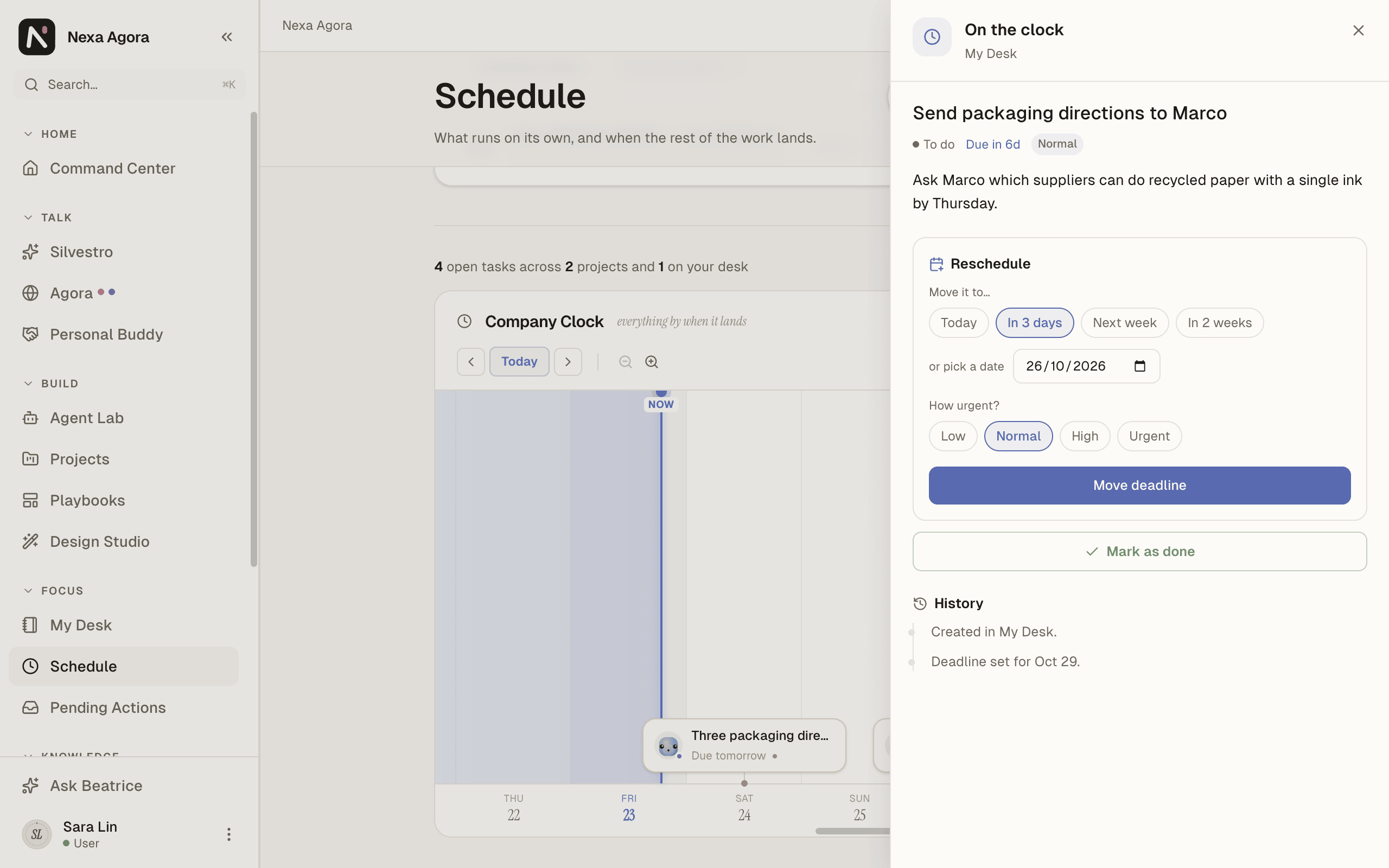 A task's detail on the timeline with Reschedule and Mark as done.