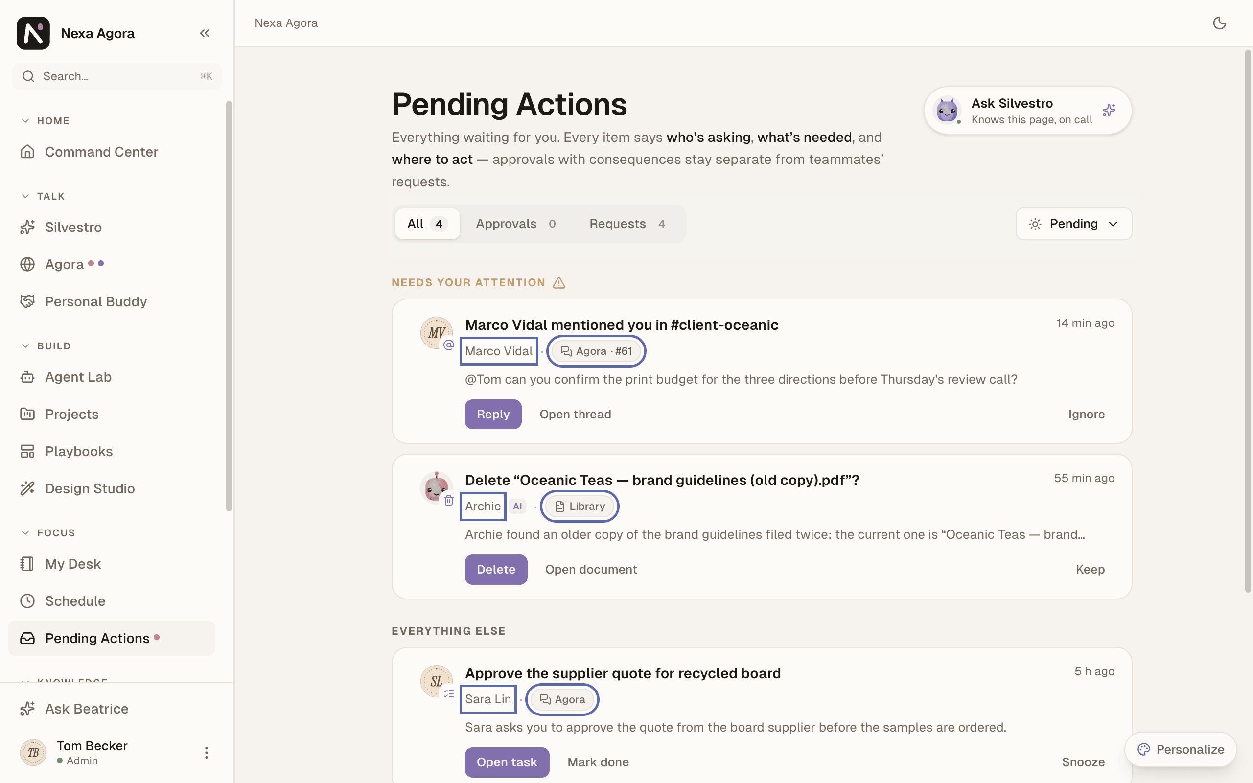 Pending Actions for Tom Becker, with an @mention from Marco Vidal in #client-oceanic and a delete request under Needs your attention, and Everything else below.