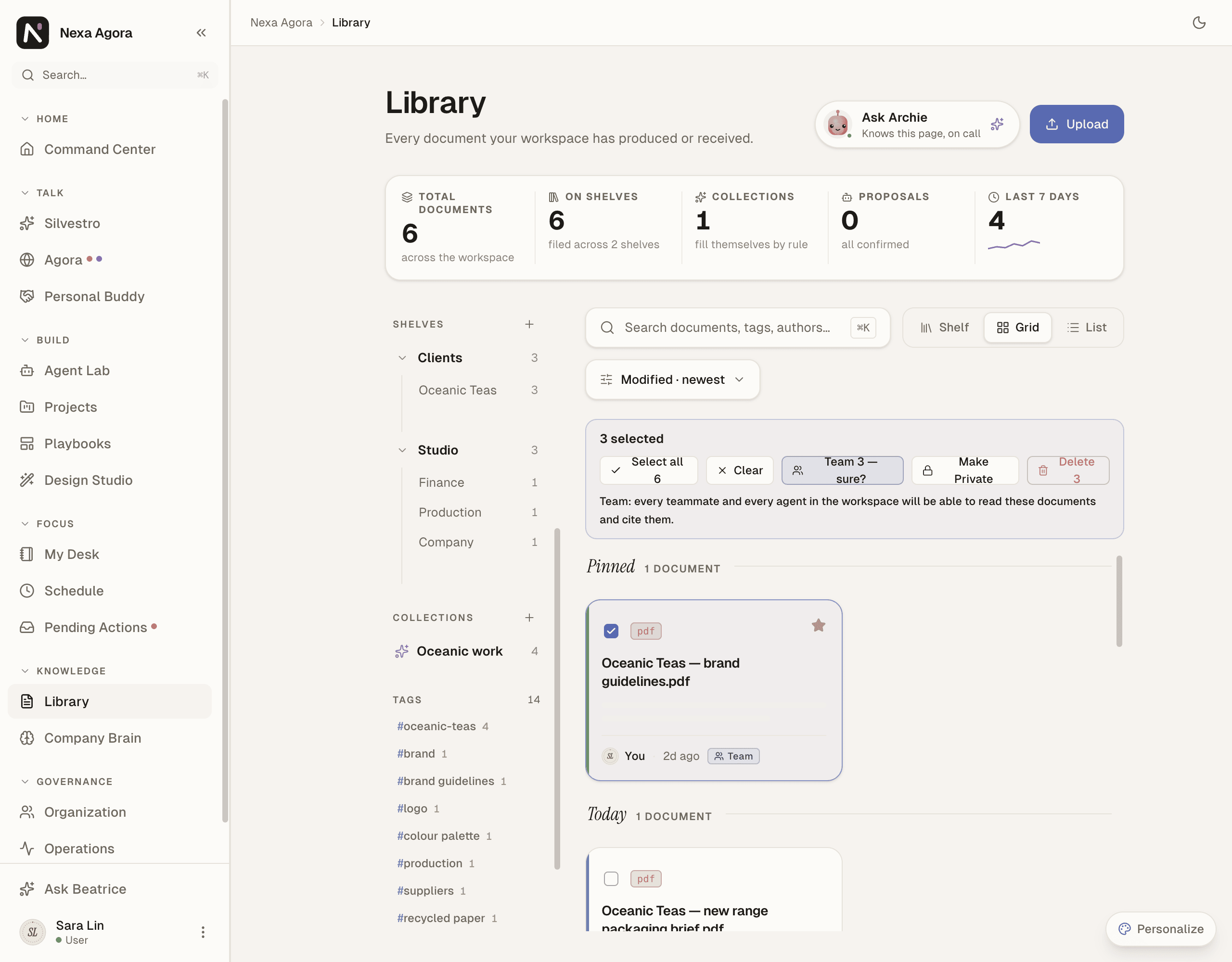 The bulk bar with three documents selected and "Team 3 — sure?".