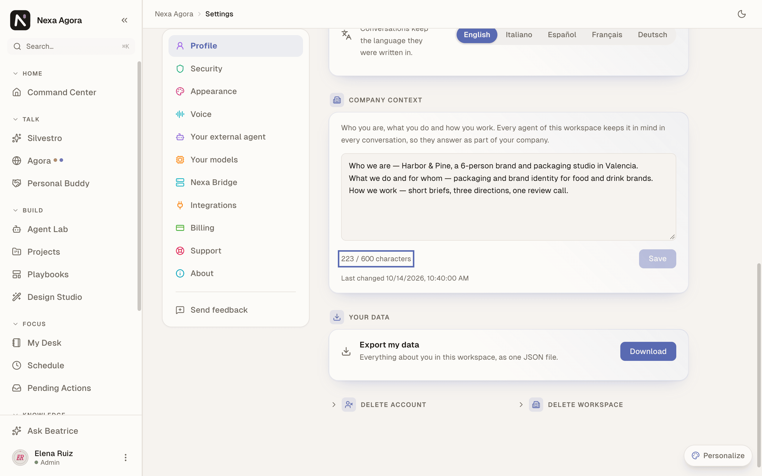 Settings › Profile for Elena Ruiz, owner, scrolled to the Company context card with a Harbor & Pine text, and the counter highlighted.