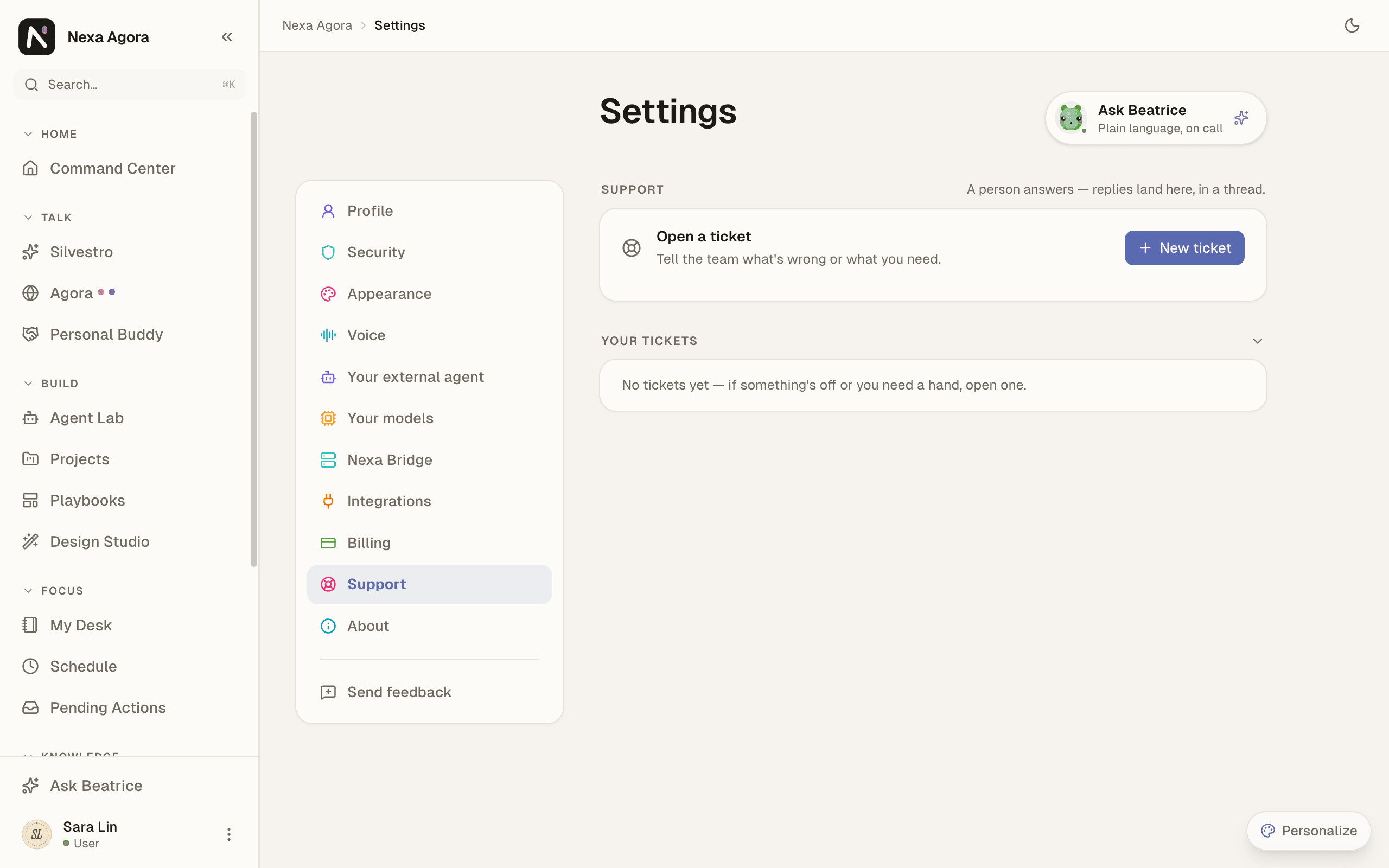 Settings › Support for Sara Lin, with New ticket and an empty list.