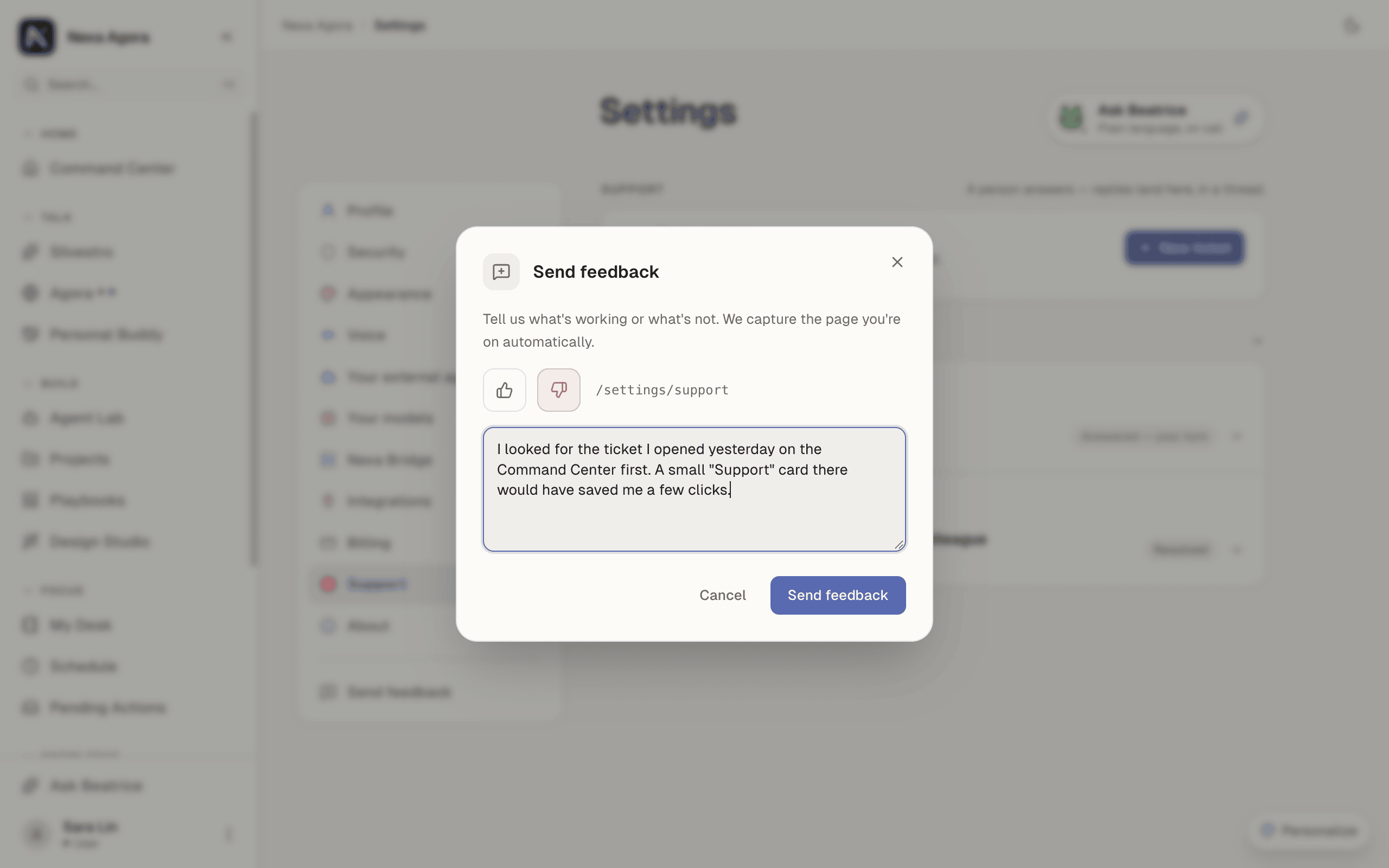 The Send feedback dialog with Thumbs down and a comment.